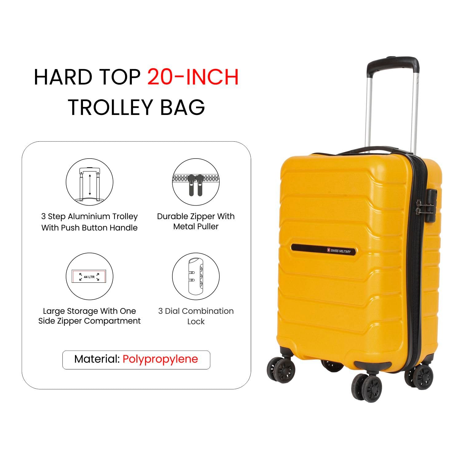 Swiss Military Rhombus 55 Cms Cabin Luggage Yellow - Lightweight Polycarbonate Hardshell Carry-On Suitcase, 8-360° Rotating Spinner Wheels, Fixed Combination Lock, Push Button Handle, Travel Bag - Image 6
