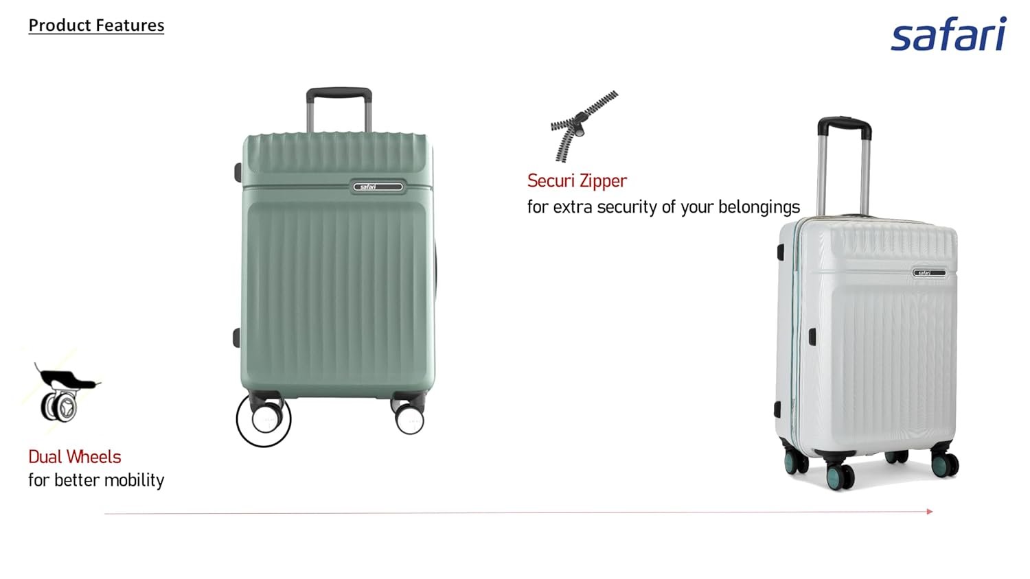 Safari Oculus 8 Wheels, Anti-Theft Zipper (Cabin & Check-in) Polycarbonate Trolley Spinner Luggage Set of 3, 55Cm, 65Cm & 77Cm, Small, Medium, Large (Cloud Grey) - Image 4