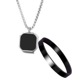 Fashion Frill Silver Chain For Men Stainless Steel Square Silver Chain Pendant with Black Kada Bracelet For Men Boys Stylish Mens Jewellery