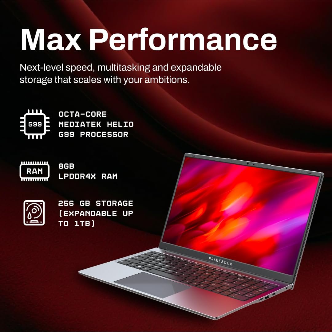 Primebook 2 Max 2025 (New Launch) | 8GB RAM, 256GB UFS Storage | 15.6-Inch Full HD IPS Display | 12hrs Battery | MediaTek Helio G99 | Android 15 (PrimeOS 3.0) | Backlit Keyboard | in-Built AI | Gray - Image 2