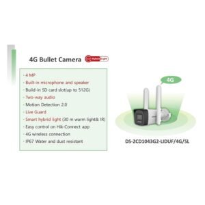 HIK VISION 4MP Smart 4G Hybrid Light Fixed Wired Bullet CCTV Camera,Human & Vehicle Detection,Support 4G LTE(Nano SIM),2Way Audio,Storage Upto 512 GB(Sdcard Slot),Water Resistant,DS-2CD1043G2-LIDUF