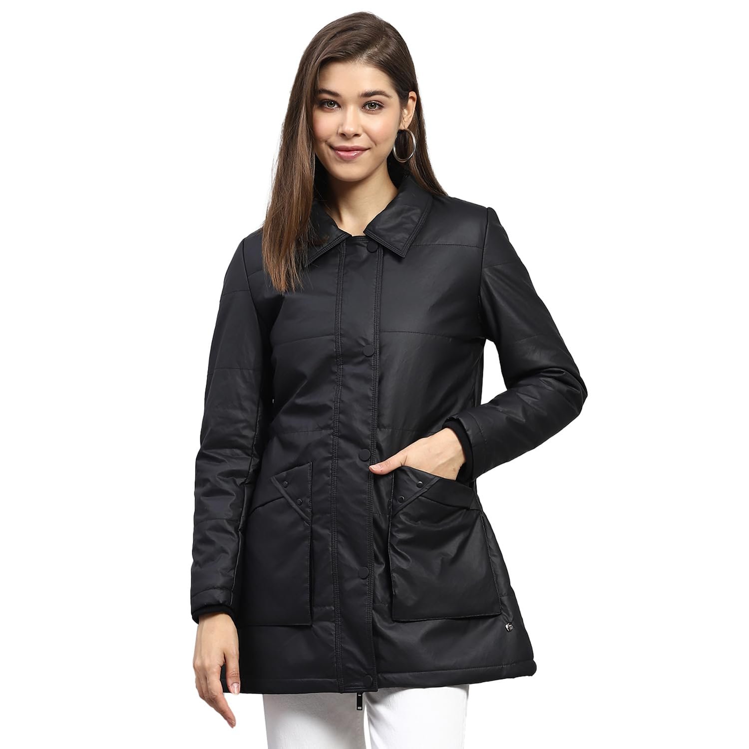 Monte Carlo Women's Polyester Blend Regular Self Design Collar Neck Full Sleeve Jacket