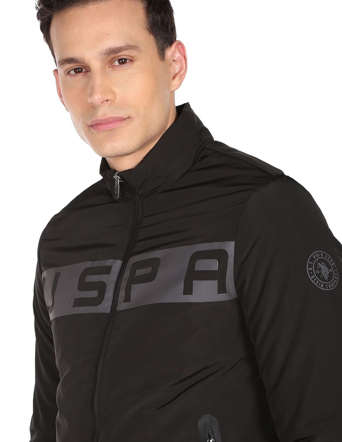 U.S. POLO ASSN. Men Black High Neck Brand Print Polyester Standard Length Casual Jacket - Image 7
