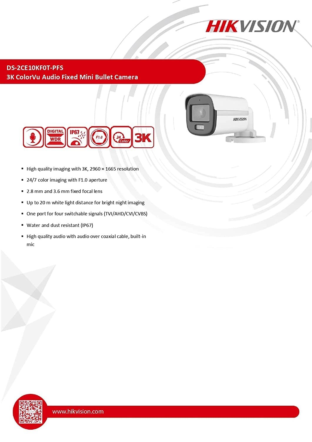 HIKVISION 3K ColorVu Audio Fixed Mini Bullet Camera DS-2CE10KF0T-PFS - Image 2