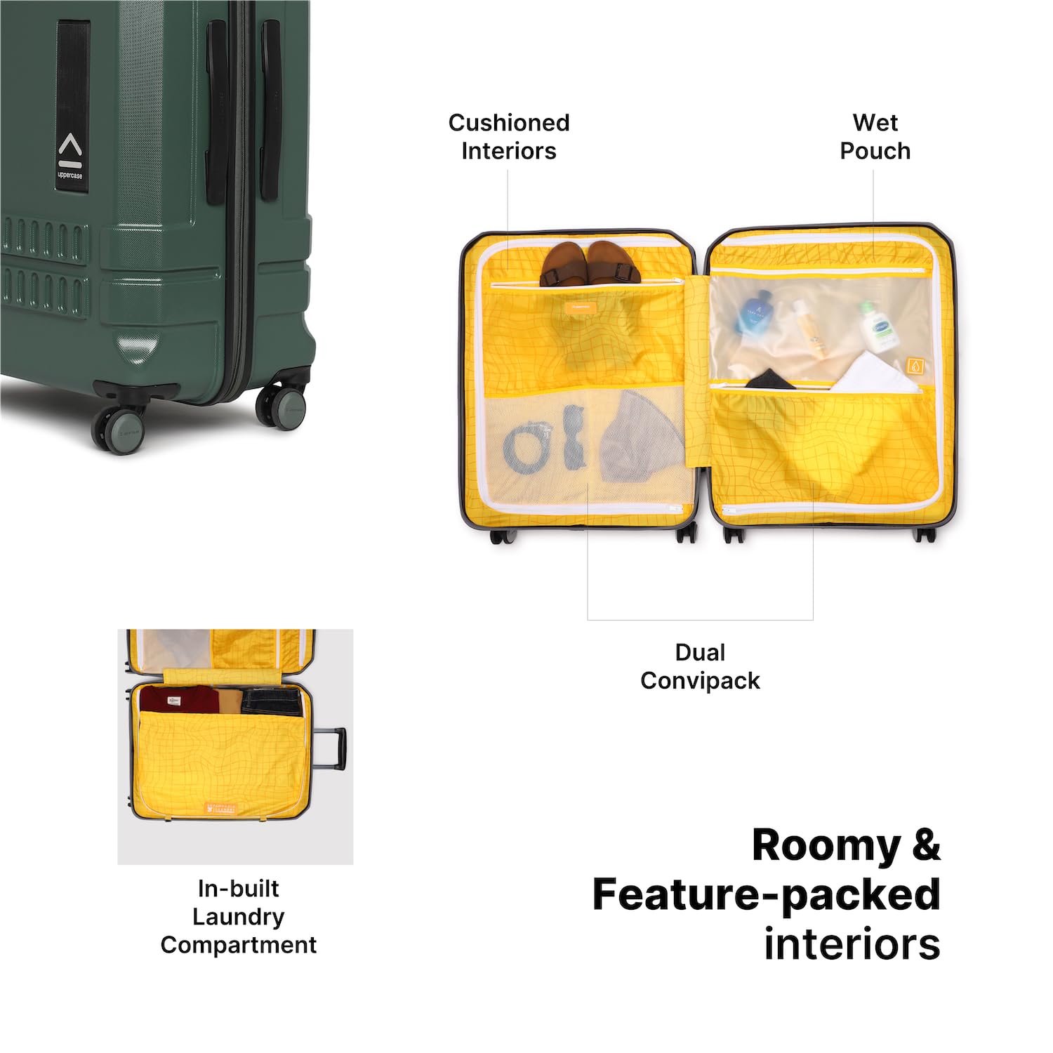 uppercase Bullet (Medium) 66 Cms, Check-In Trolley Bag, Hardsided Luggage Anti-Scratch 8 Wheel Luggage, Tsa Lock & Anti-Theft Zippers, Suitcase For Men & Women, 2000 Days Warranty (Green, Spinner) - Image 3