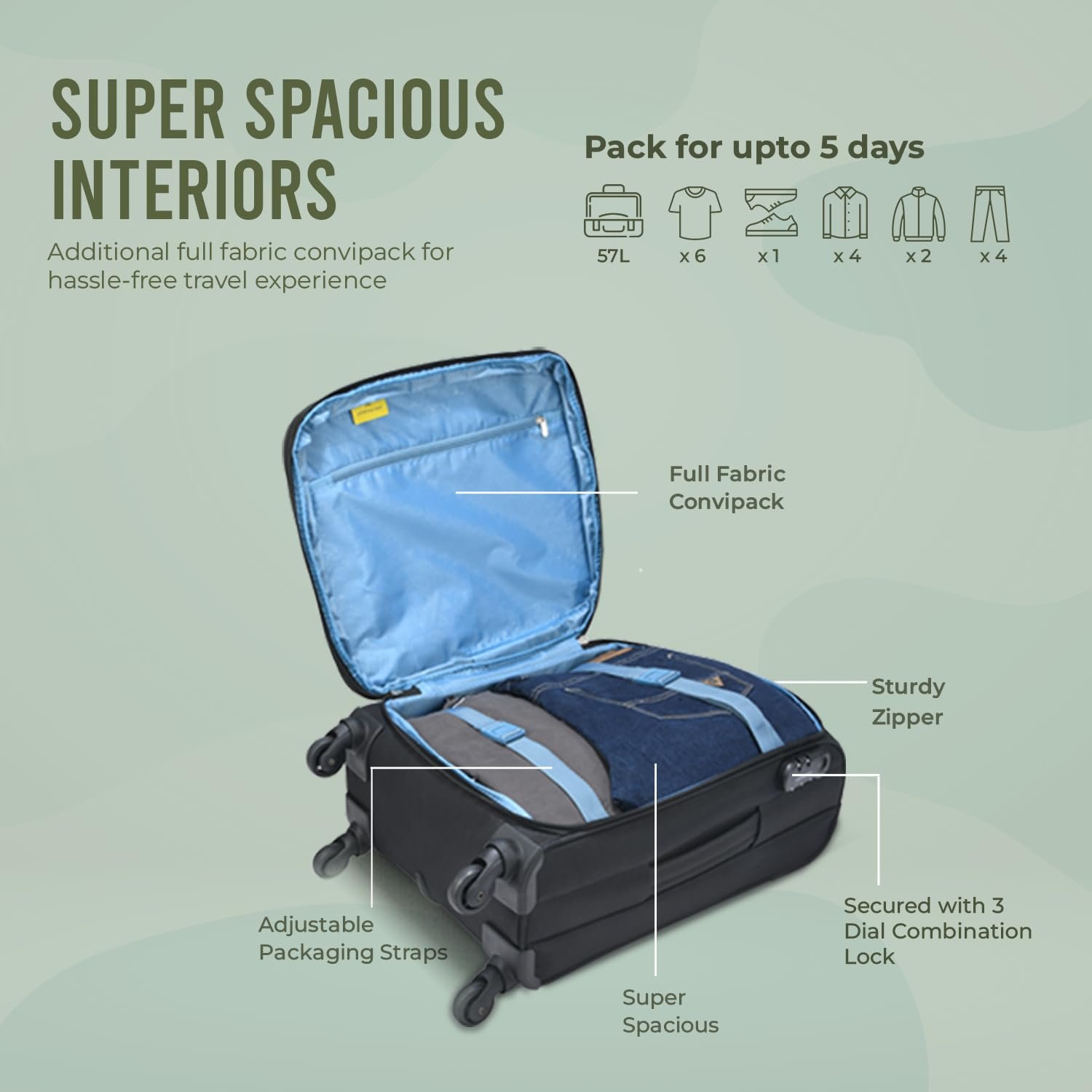 Aristocrat Cabin Commander 55Cms Premium Polyester with PVC Coating Softshell Sided Size 4 Wheels Small Black Inline Suitcase, Medium - Image 3