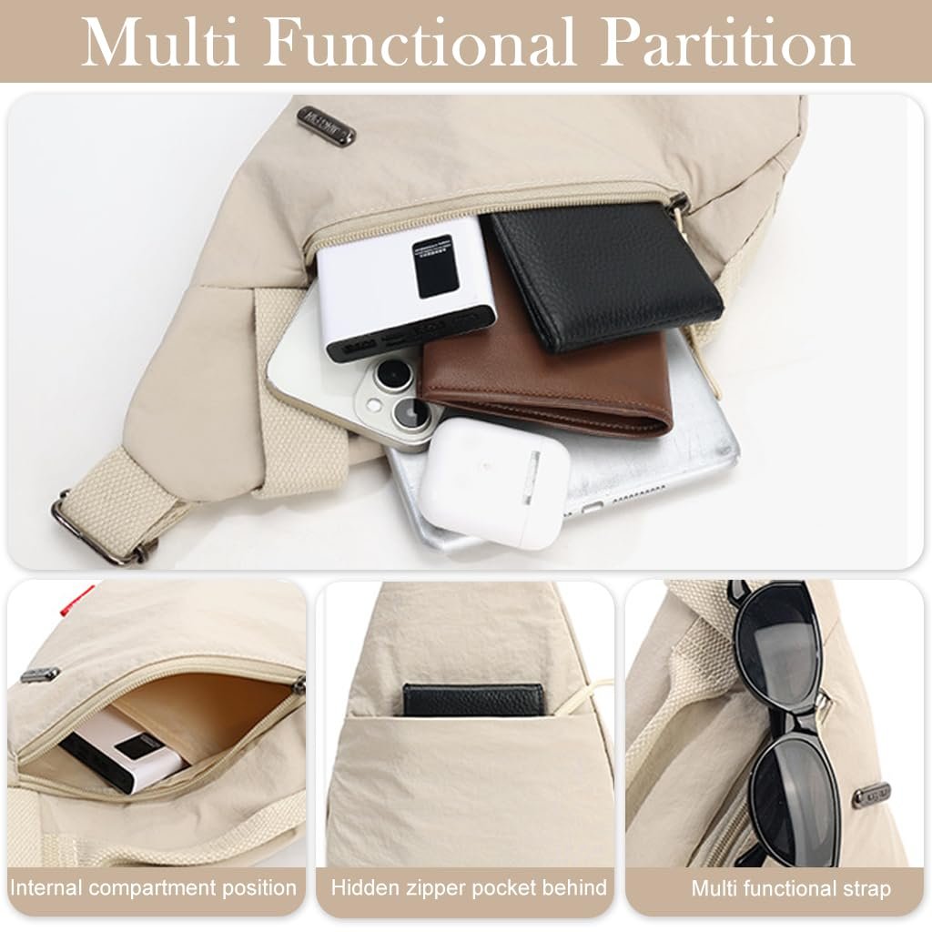 PALAY® Chest Bag for Women Men Fashion Nylon Lightweight Shoulder Bag Front Back Sling Shoulder Bag Zipper Pouch Day Bag with Handle Casual Beige Chest Bag for Hiking, Work - Image 4