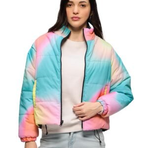 The Souled Store Reversible Puffer: Floral Graffiti Women and Girls Long Sleeves Stand Collar Zipper Front Multicolor Polyester Puffer Jackets