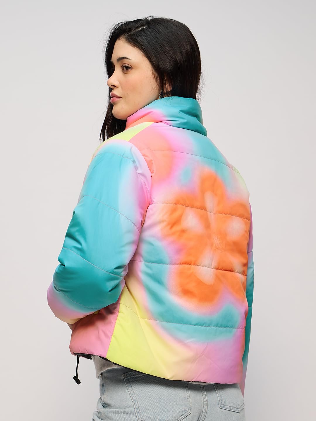 The Souled Store Reversible Puffer: Floral Graffiti Women and Girls Long Sleeves Stand Collar Zipper Front Multicolor Polyester Puffer Jackets - Image 4