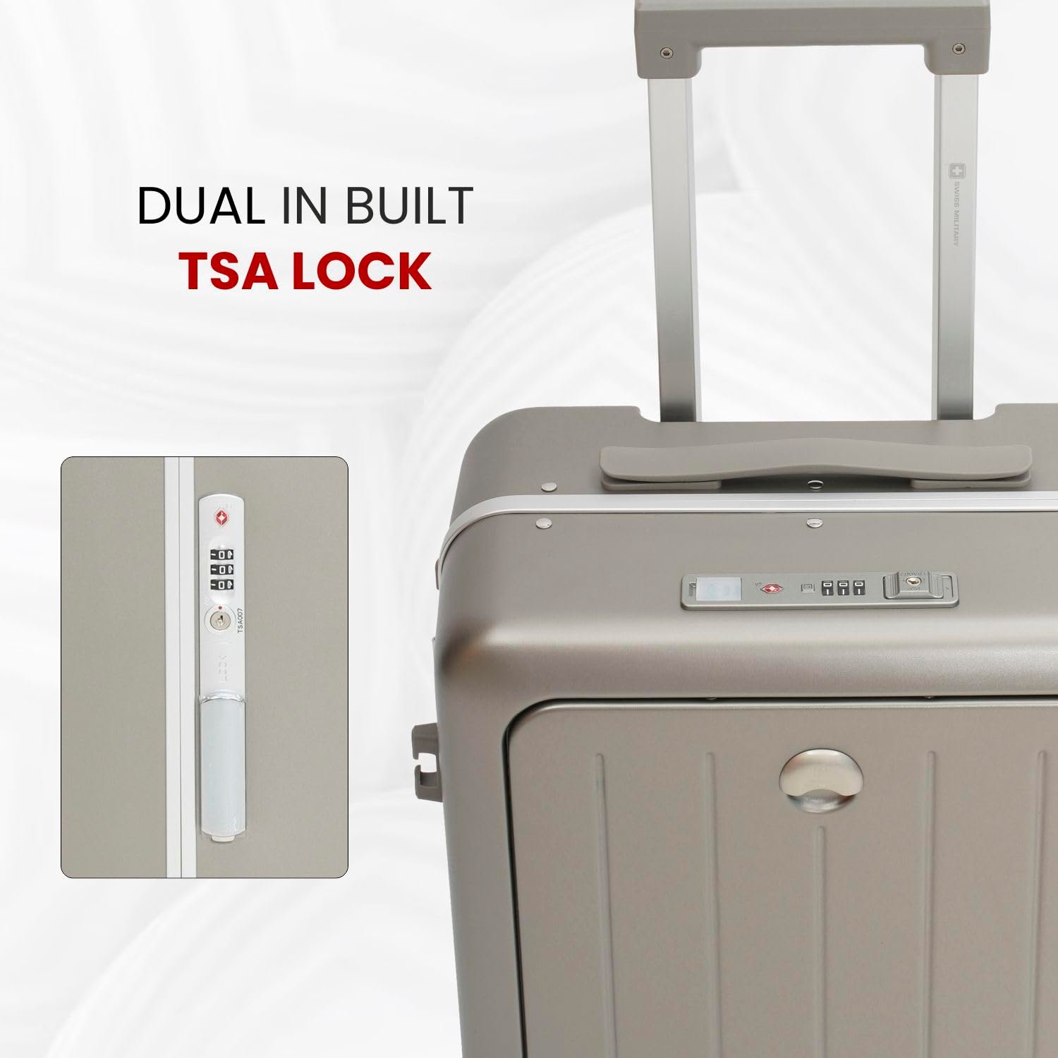 Swiss Military Black Gold Collection Bristol Luggage, Anti-Theft Zipperless Trolley, TSA Lock, 360° Wheels, USB & Type-C Port, 14" in Laptop Compartment, 44L, Makrolon PC, (Free Cover) Gold, 55cm - Image 5