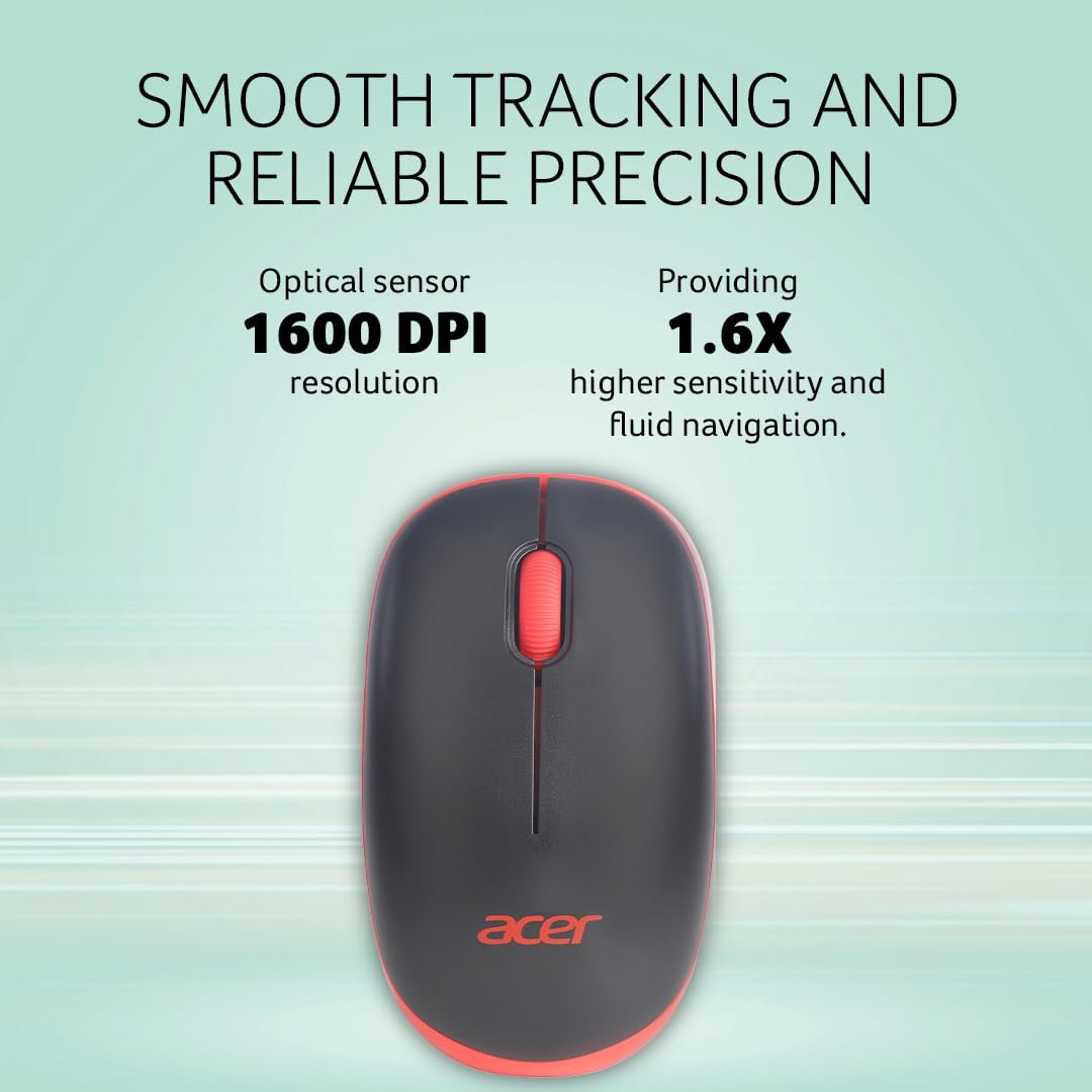 Acer Flow Wireless Mouse | 1600 DPI Optical Sensor | 2.4GHz Wireless with USB Nano Receiver | Ergonomic Lightweight Design | Smooth Tracking for Laptop, PC & Mac – Black/Red - Image 3