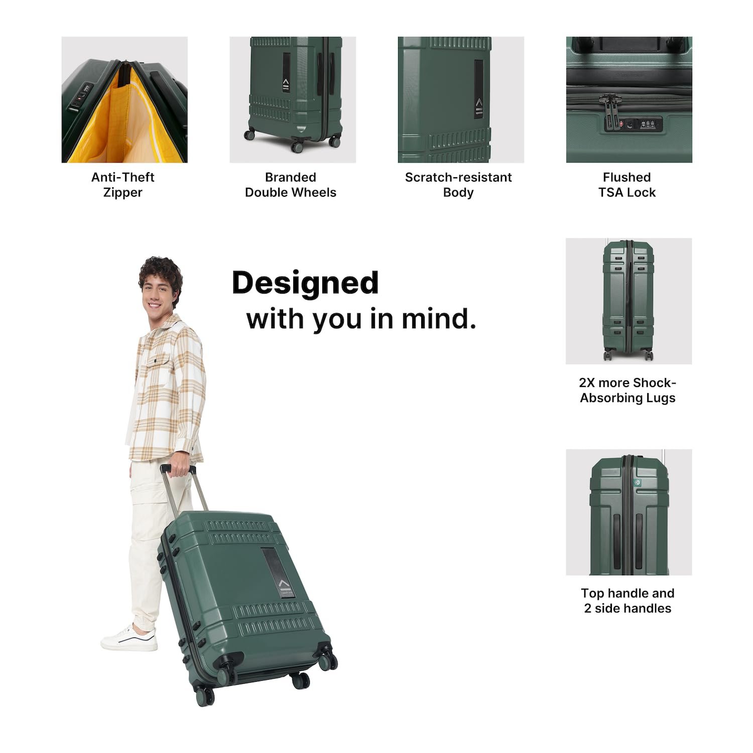 uppercase Bullet (Medium) 66 Cms, Check-In Trolley Bag, Hardsided Luggage Anti-Scratch 8 Wheel Luggage, Tsa Lock & Anti-Theft Zippers, Suitcase For Men & Women, 2000 Days Warranty (Green, Spinner) - Image 4