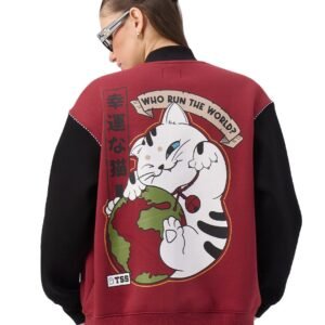 The Souled Store Neko Women and Girls Long Sleeves Band Neck Button Front Red and Black Graphic Printed Cotton Blend Oversized Varsity Jackets