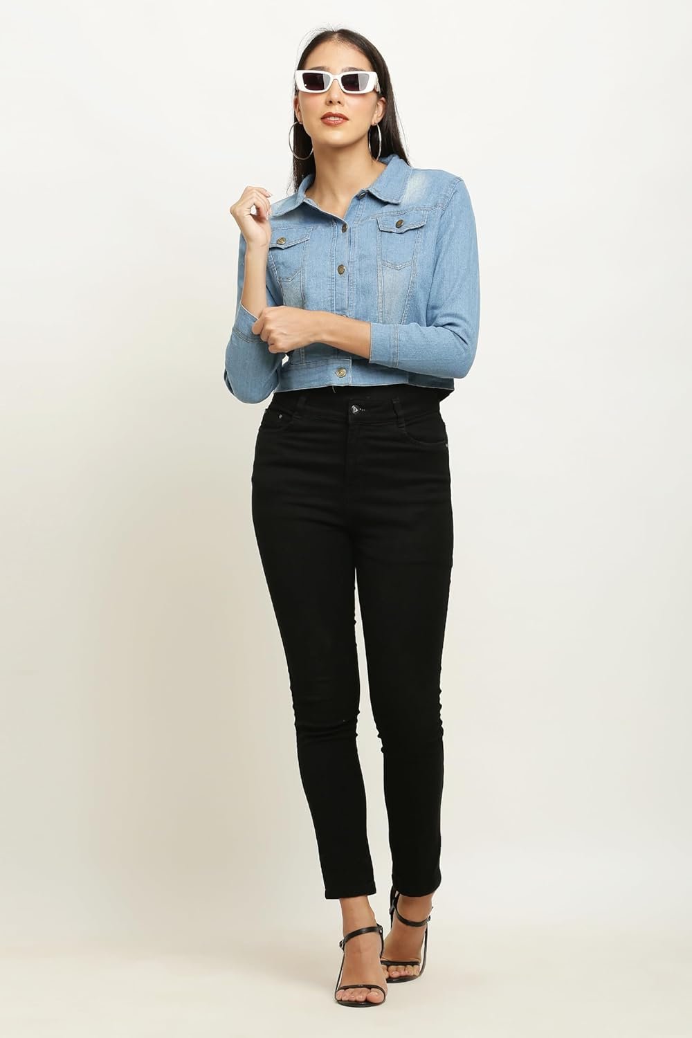 ACEOLA Women's Blue Washed Full Sleeves Buttoned Denim Embellished Cropped Jacket - Image 4