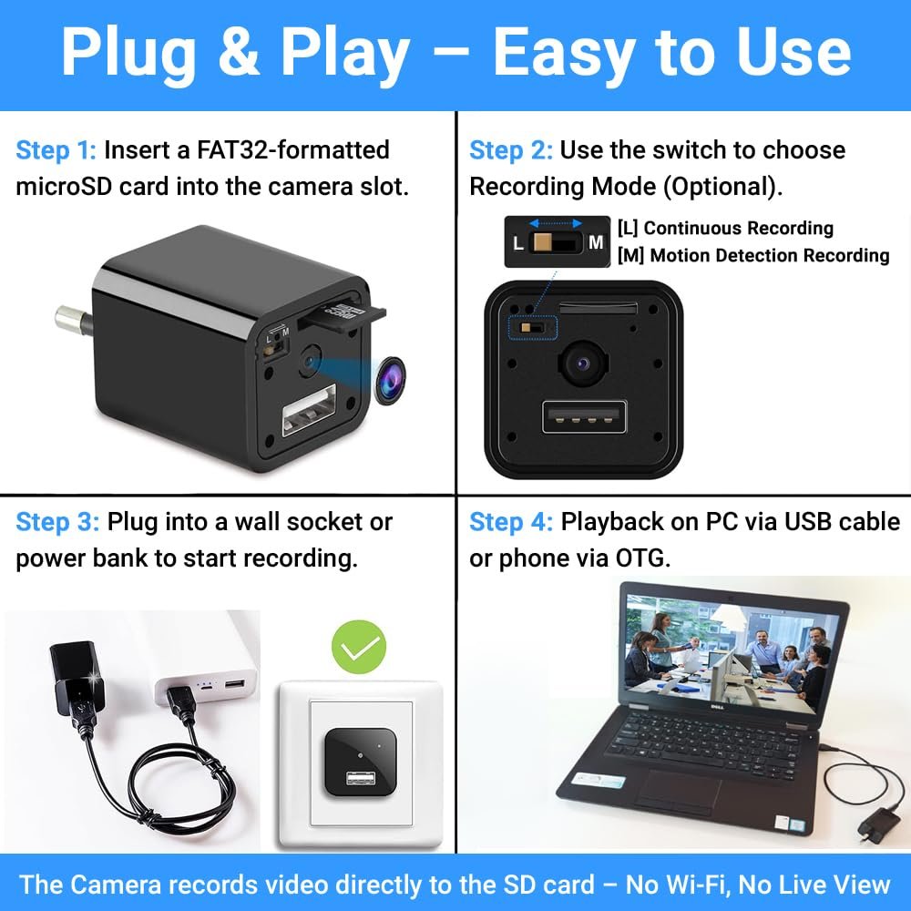 Eye4Spy 1080P USB Charger Mini Camera – Motion Detection, Loop Recording, No Wi-Fi, SD Card Storage - Support Up to 256GB Card – Home & Office Security Surveillance Camera - Image 3