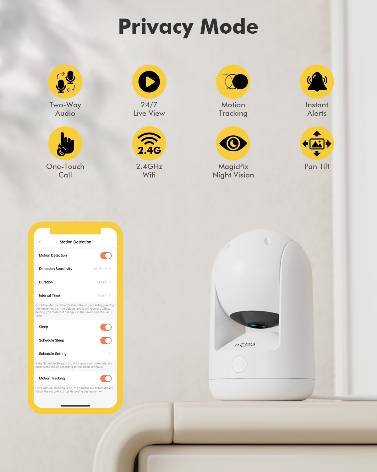 Dzees Indoor Security Camera Pet Camera No Subscription, 2K 360° WiFi Cameras, Wired Dog Pet Cameras with Phone App, MagicPix Night Vision, Calls, 2-Way Audio, 24/7, Motion Tracking, Privacy, 2.4Ghz - Image 2