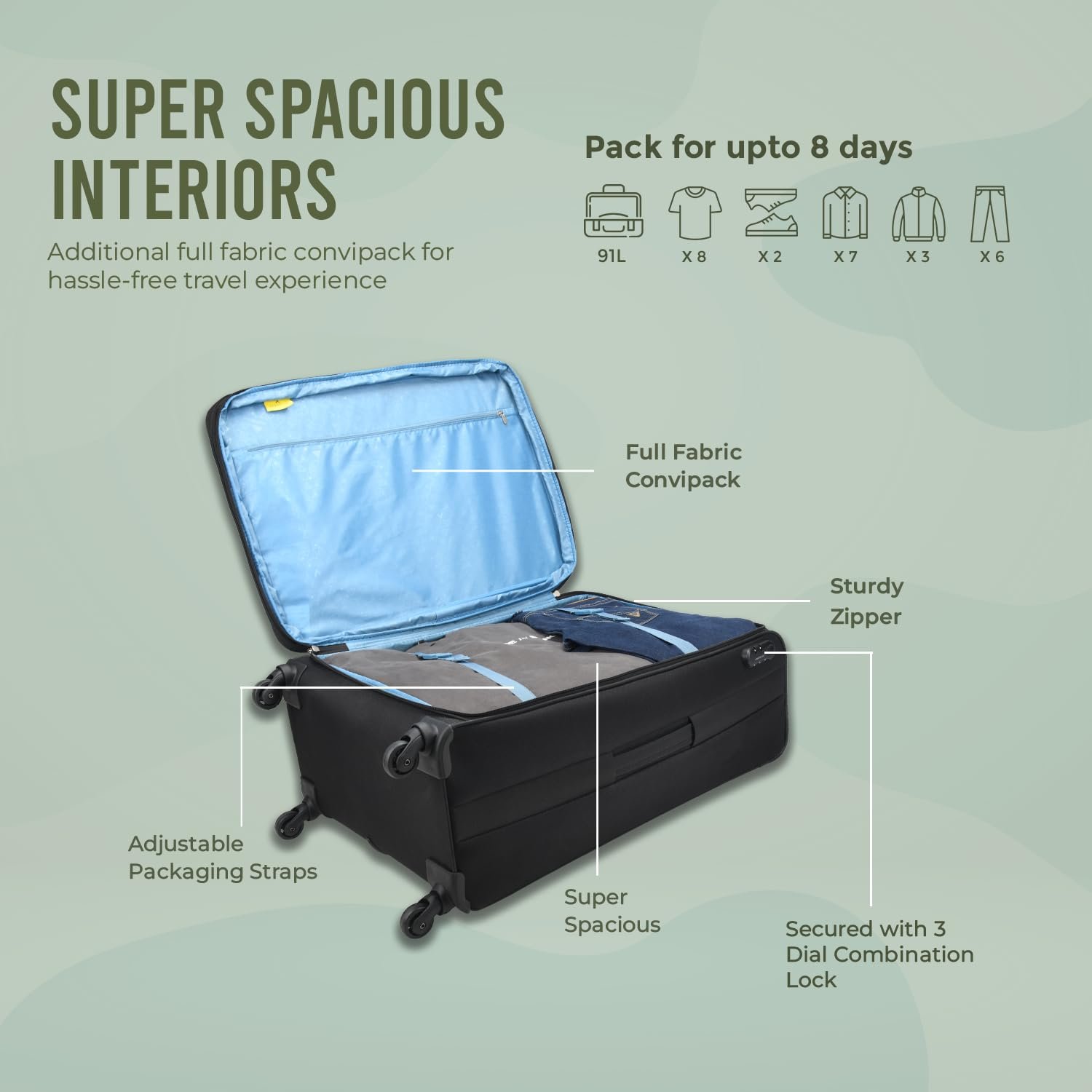 Aristocrat Medium Commander 69Cms Premium Polyester with PVC Coating Soft Sided Check-in 4 Spinner Wheels Black Suitcase - Image 3