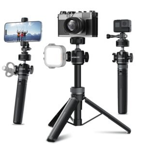 Mobilife Small Camera Tripod Multifunctional Vlog 2 in 1 Tripod Stand with Cold Shoe for Mirrorless/Action Camera Phone 360° Rotation Aluminum Extendable Stand for YouTube Live Stream Travel
