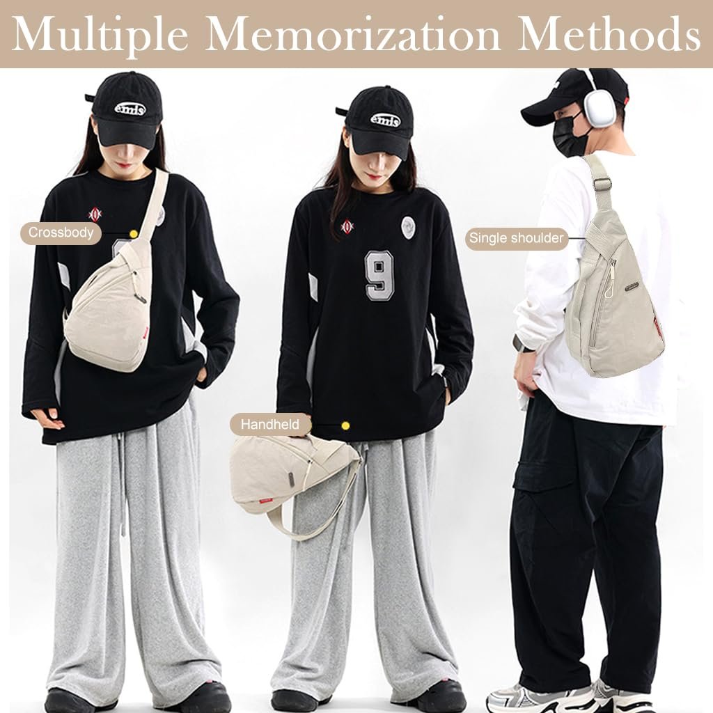 PALAY® Chest Bag for Women Men Fashion Nylon Lightweight Shoulder Bag Front Back Sling Shoulder Bag Zipper Pouch Day Bag with Handle Casual Beige Chest Bag for Hiking, Work - Image 6