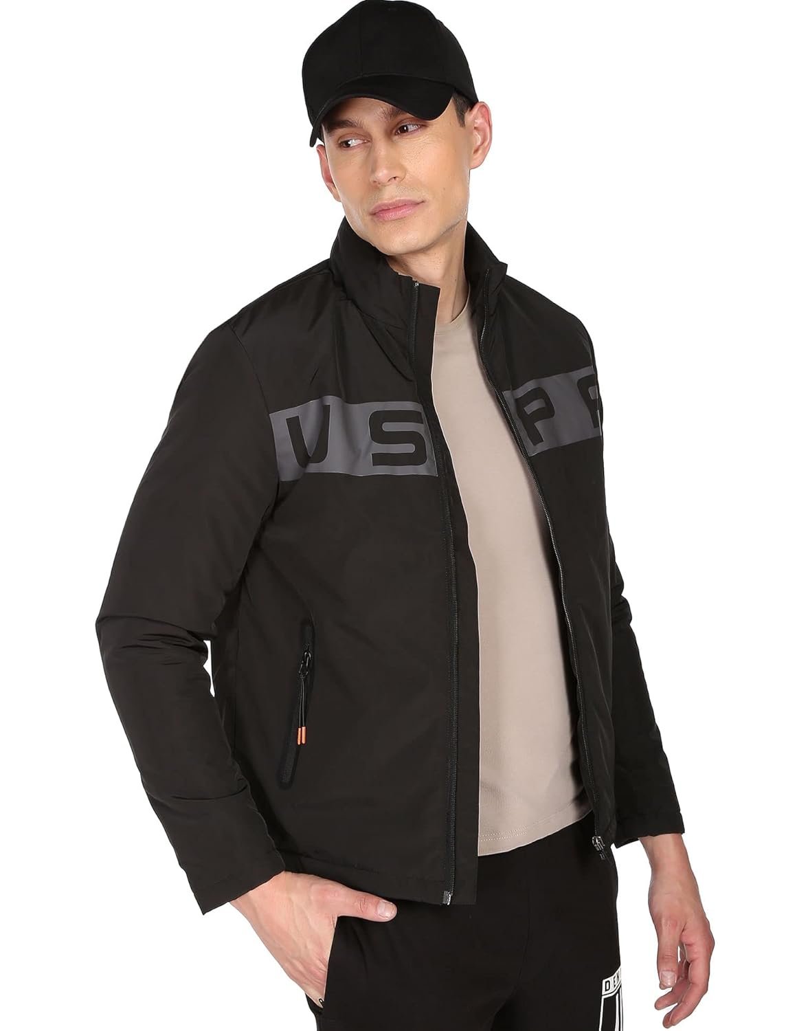 U.S. POLO ASSN. Men Black High Neck Brand Print Polyester Standard Length Casual Jacket - Image 2