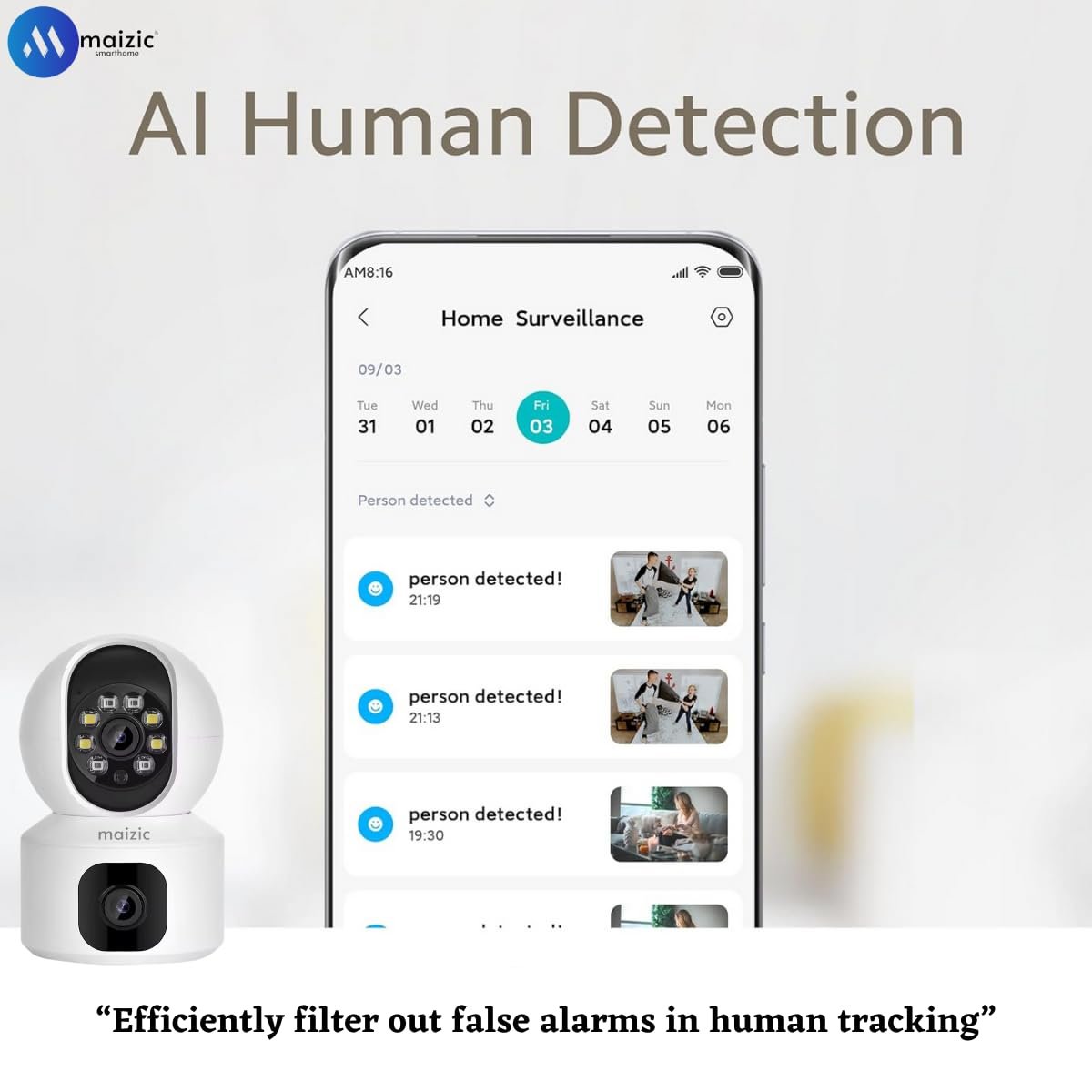 Maizic Smarthome 5+5 MP CCTV Camera 360� Security WiFi Camera, Pan & Tilt, Color Night Vision 20M, Human Detection, Smart Motion Tracking, 2-Way Talk - Image 2