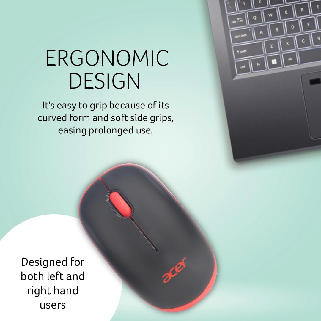 Acer Flow Wireless Mouse | 1600 DPI Optical Sensor | 2.4GHz Wireless with USB Nano Receiver | Ergonomic Lightweight Design | Smooth Tracking for Laptop, PC & Mac – Black/Red - Image 2