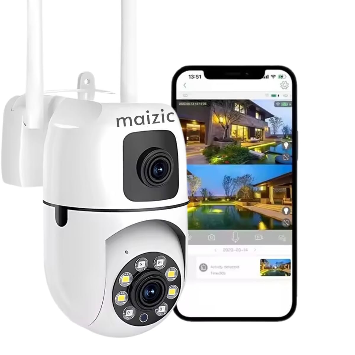 Maizic Smarthome Dual Lens Mini Fox | 5+5MP WiFi CCTV Camera with PTZ & Fixed View | AI Motion Detection, Color Night Vision, Two-Way Audio, 360° Coverage, App Remote Access