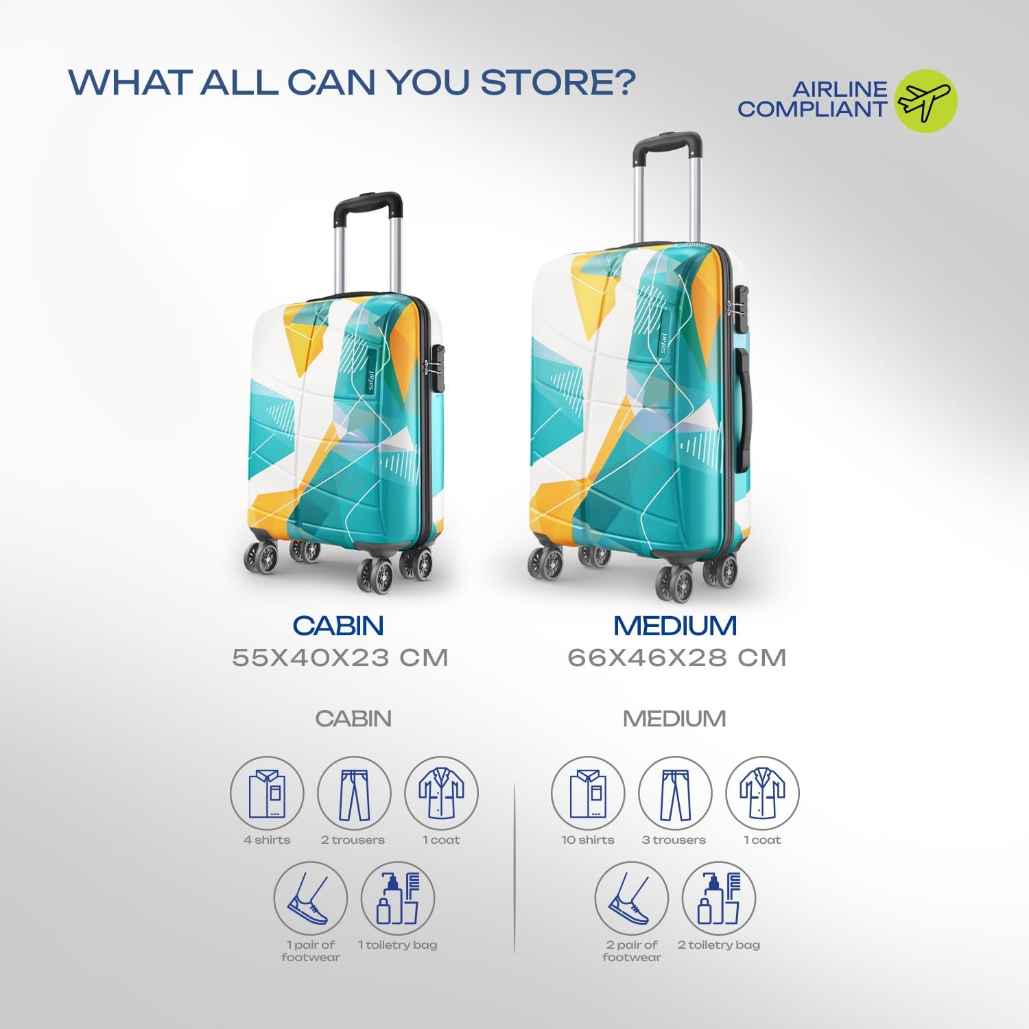 Safari Luma Neo 8 Wheels Set of 2 (Cabin + Medium) Trolley Bags, Hard Case Printed Polycarbonate, 360 Degree Wheeling Carry-on & Check-in Luggage, Suitcase for Travel, Trolley Bags for Travel, Multi - Image 7