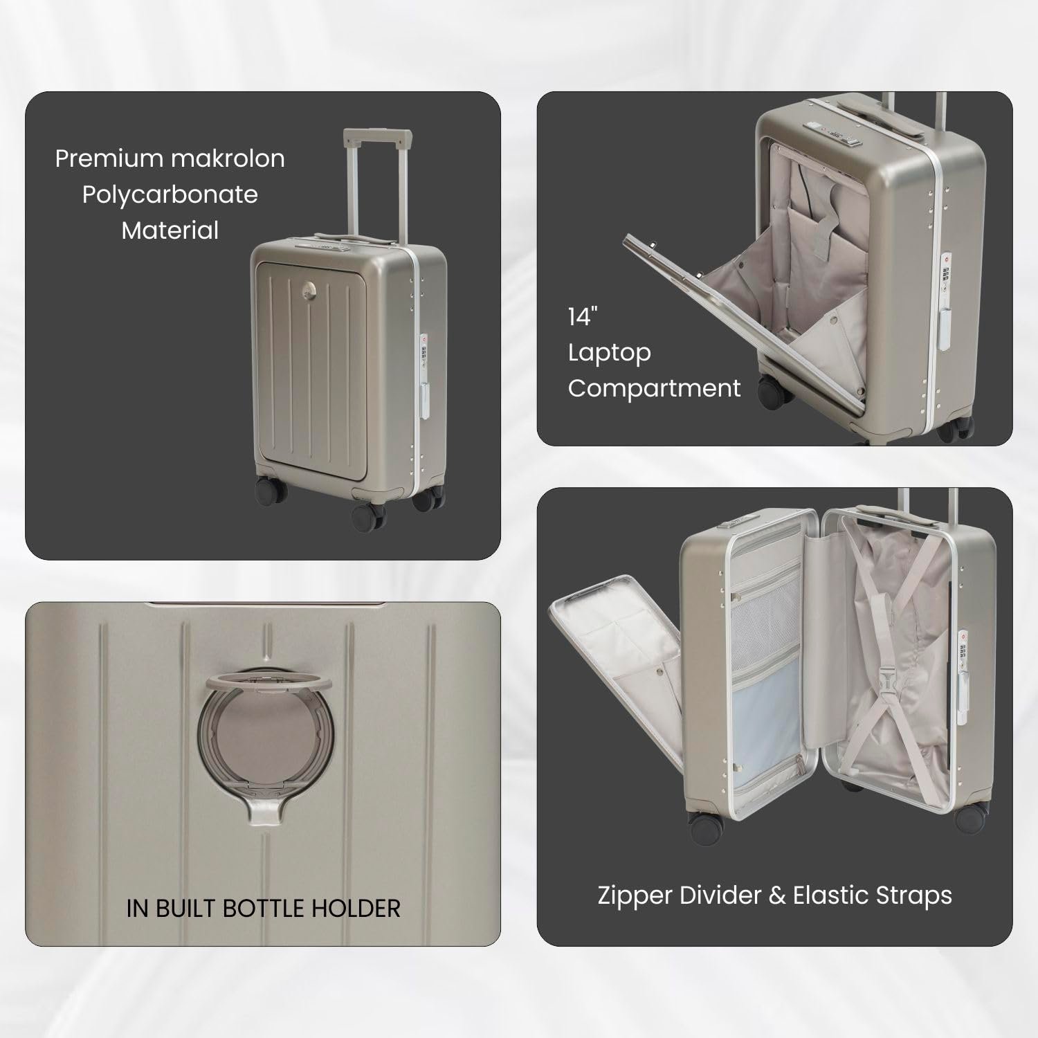 Swiss Military Black Gold Collection Bristol Luggage, Anti-Theft Zipperless Trolley, TSA Lock, 360° Wheels, USB & Type-C Port, 14" in Laptop Compartment, 44L, Makrolon PC, (Free Cover) Gold, 55cm - Image 3