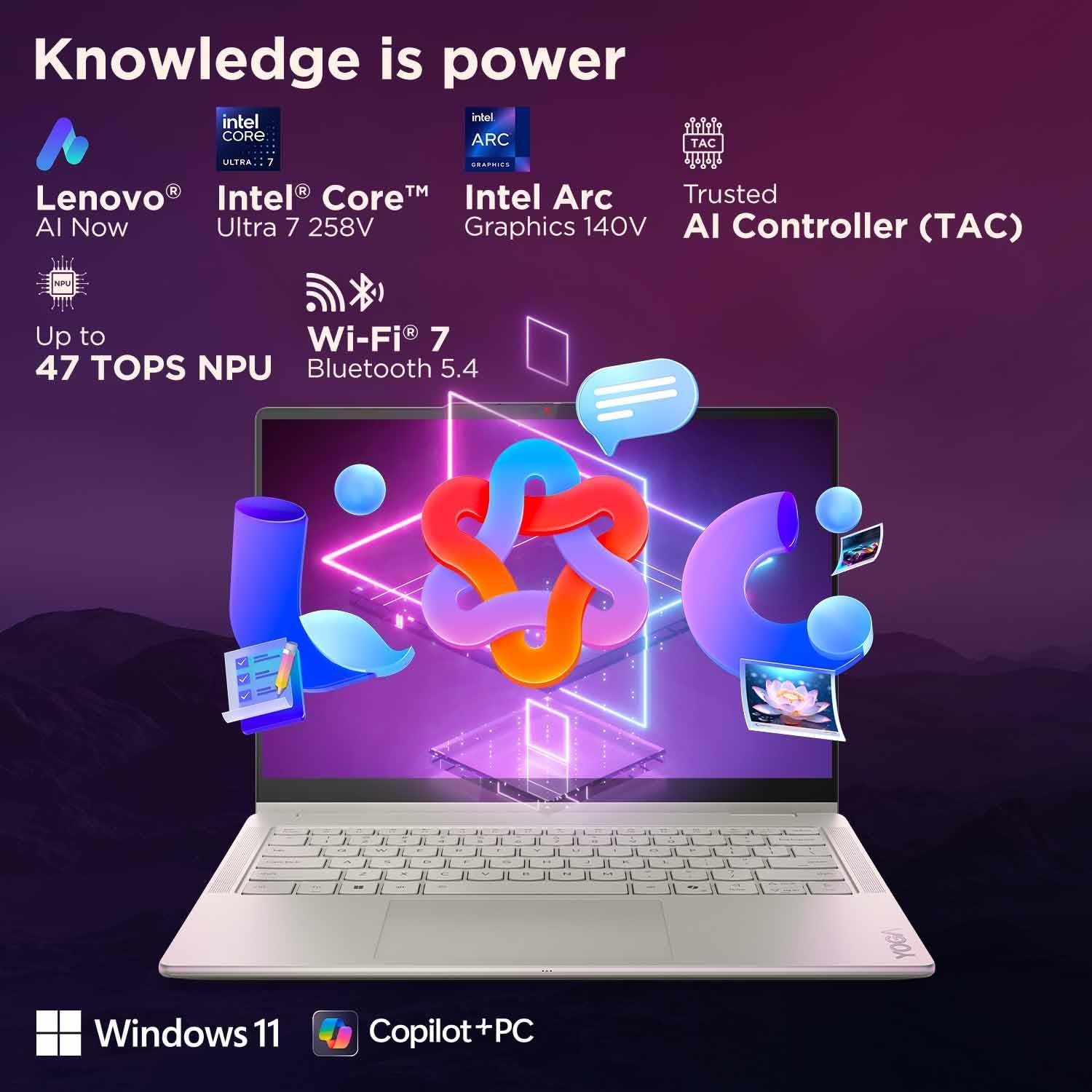 Lenovo Yoga 7 2-in-1 Intel Core Ultra 7 258V,Copilot+ AI PC(32GB RAM/1TB SSD/14(35.5cm) WQXGA+ OLED/47 Tops/Win 11/Office Home 2024/Yoga Pen/1Year ADP/Seashell/1.38Kg),83JQ000NIN Convertible Laptop - Image 4