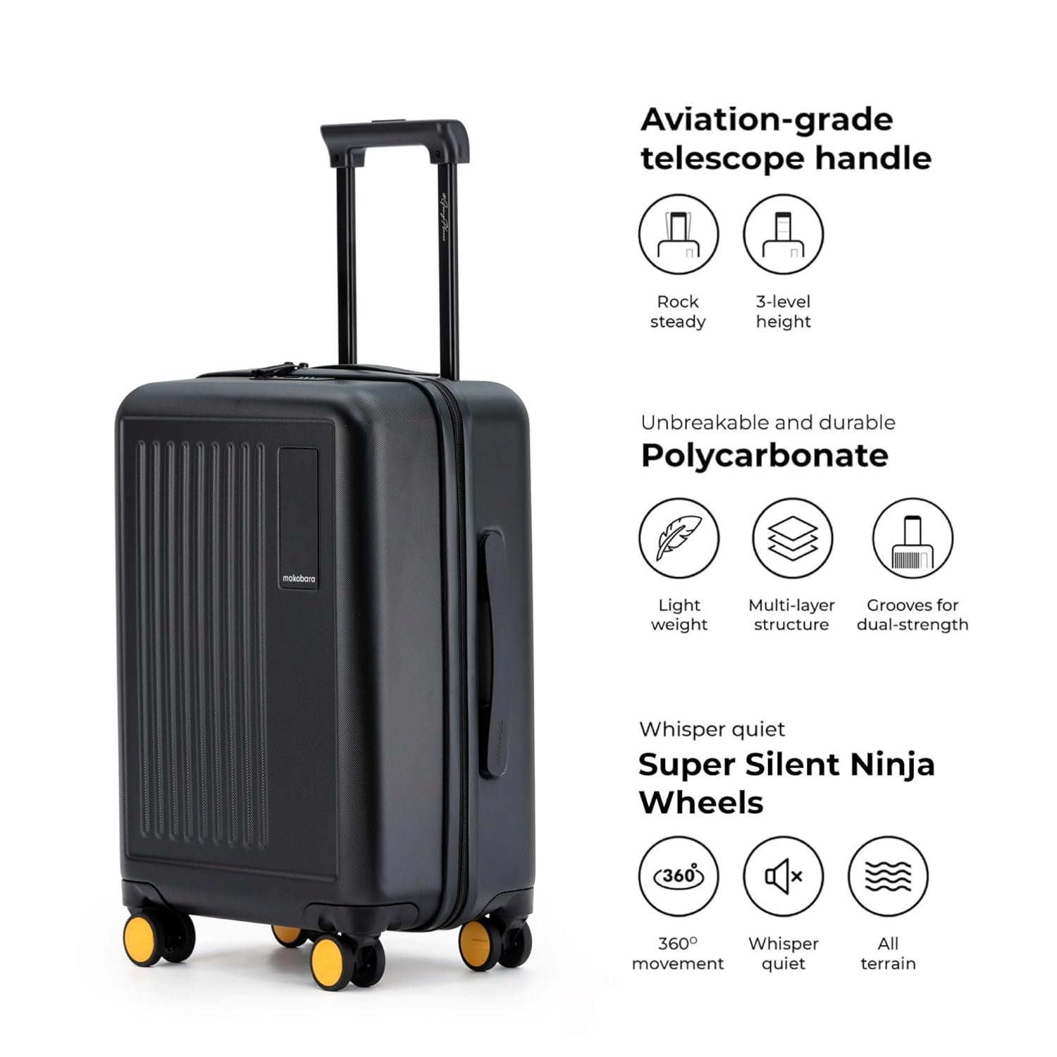 MOKOBARA Transit Cabin Luggage | 40 Liters Capacity & Durable Polycarbonate Hardshell | Silent Hinomoto Wheels & TSA Lock | Carry-On Suitcase for Travel | Black | Money Moves 2.0 - Image 4