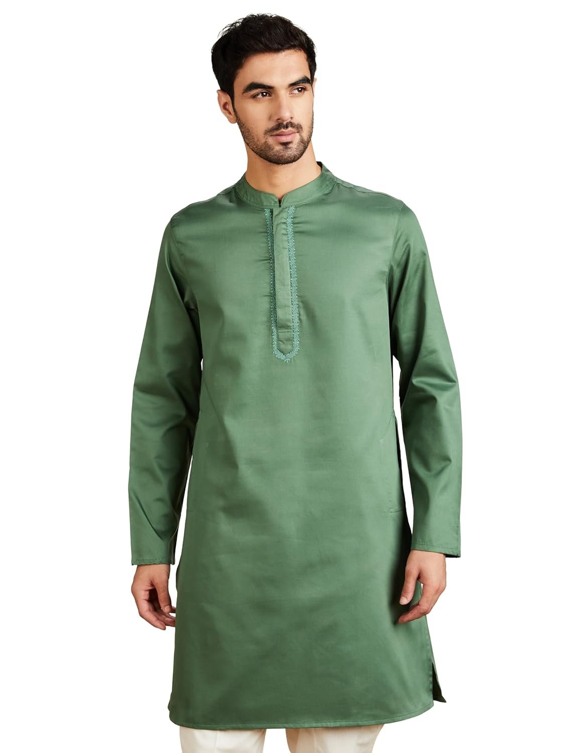 Amazon Brand - Symbol Men's Cotton Solid Festive Embellished Long Kurta (Regular Fit)
