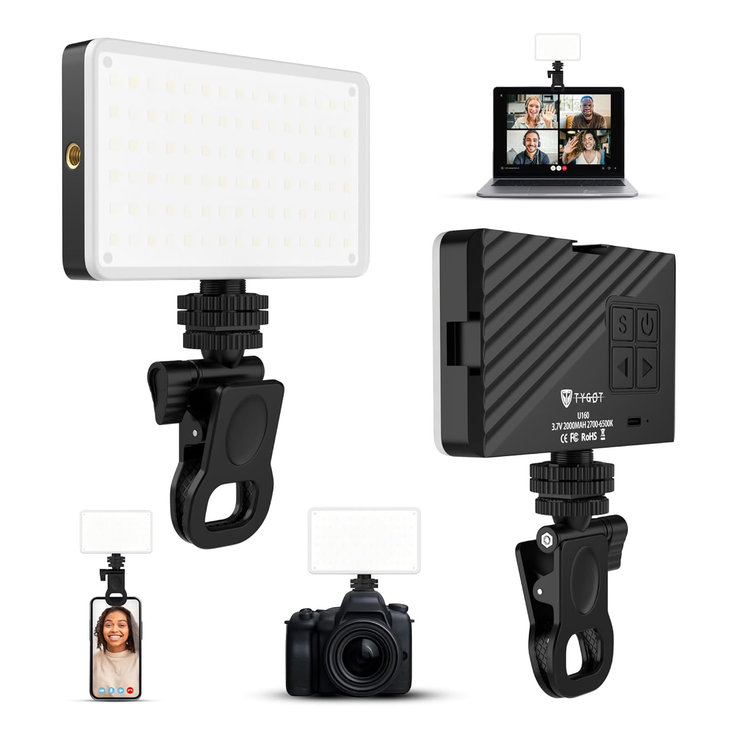 TYGOT U160 Portable LED Video Light for Mobile & DSLR, 2000mAh Rechargeable Battery, Adjustable 2700K-6500K Color Temperature, CRI 95+, Universal Mount, Compact Fill Light for Vlogging & Streaming