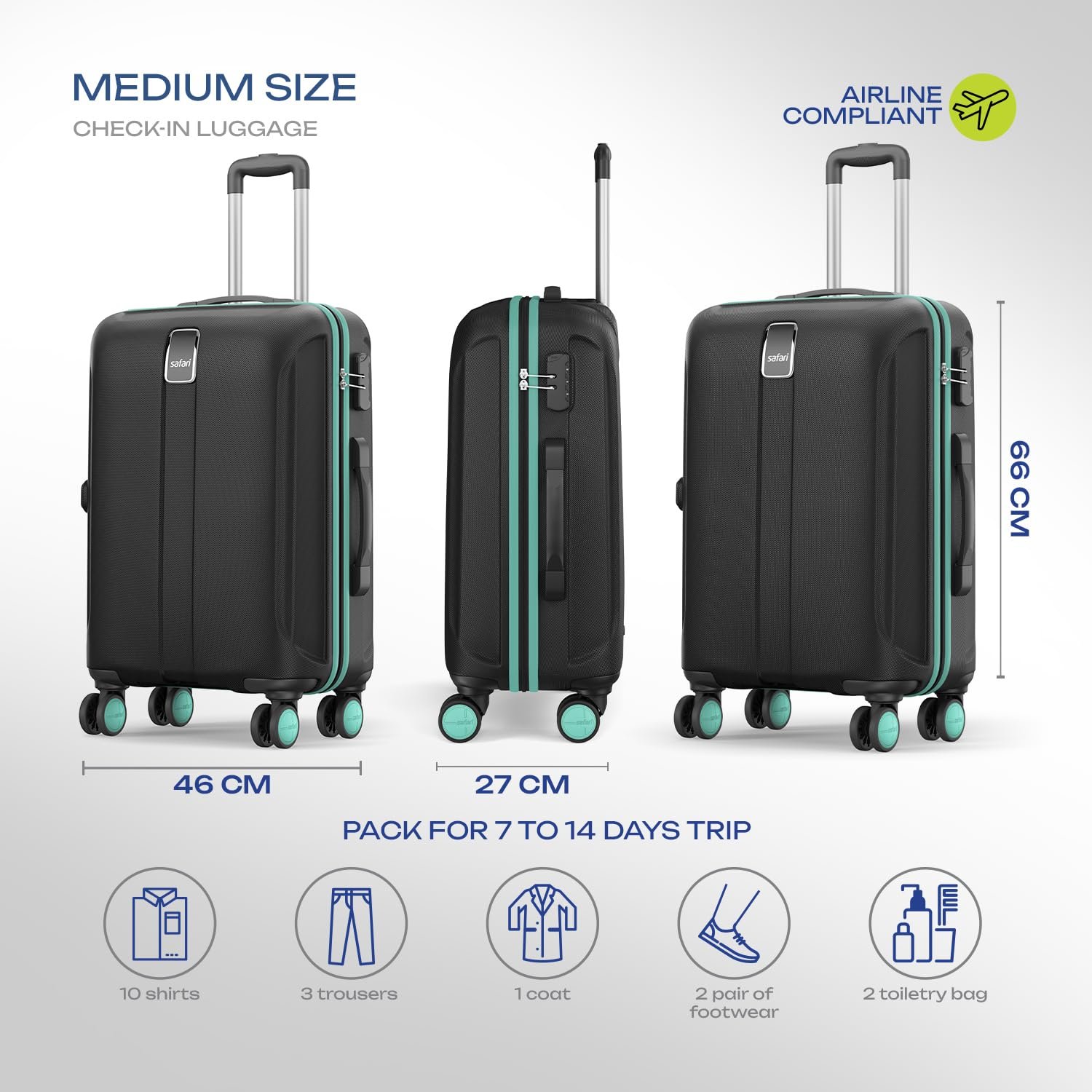 Safari Medium Thorium Neo 8 Wheels 66 Cm Check-in Trolley Bag Hard Case Polycarbonate 360 Degree Wheeling System Luggage, Trolley Bags for Travel, Suitcase for Travel, Black - Image 7
