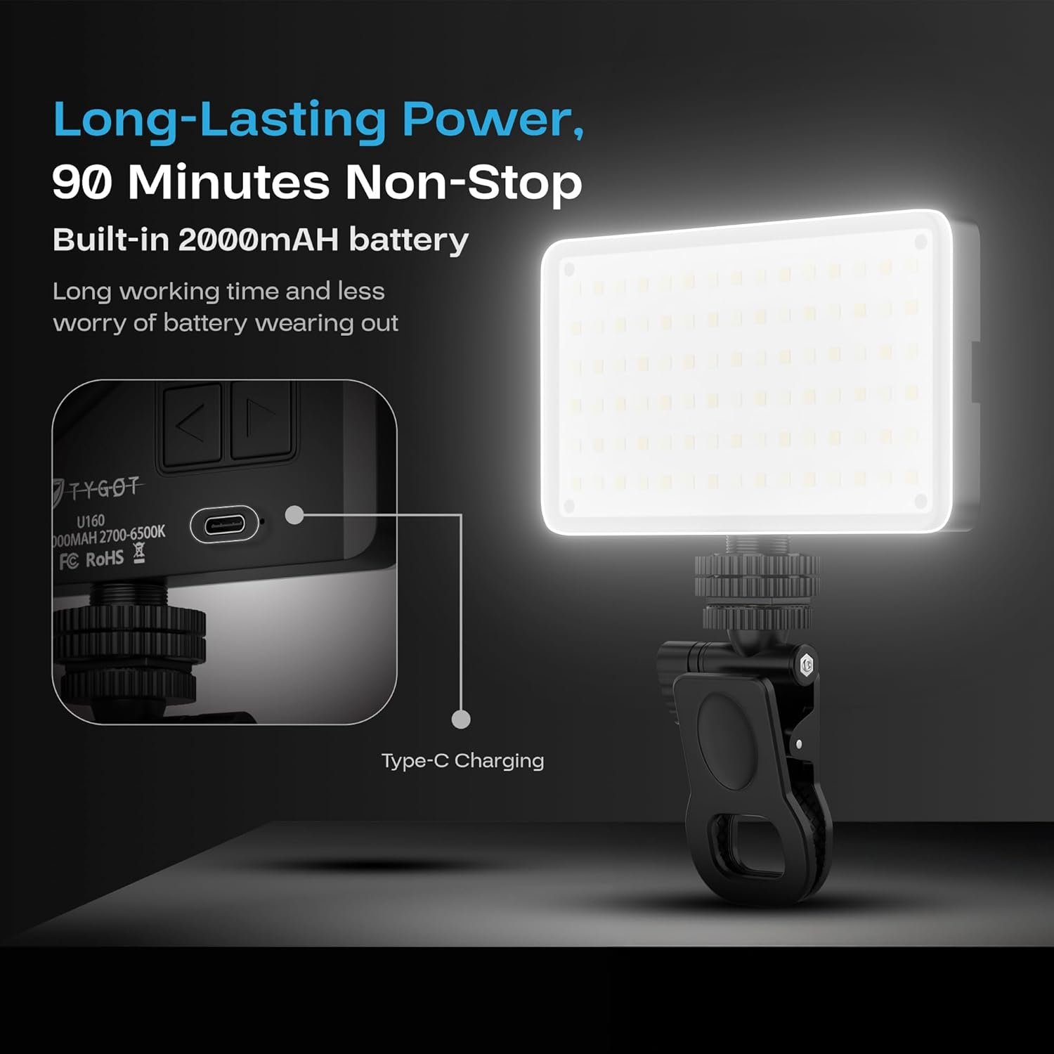 TYGOT U160 Portable LED Video Light for Mobile & DSLR, 2000mAh Rechargeable Battery, Adjustable 2700K-6500K Color Temperature, CRI 95+, Universal Mount, Compact Fill Light for Vlogging & Streaming - Image 4