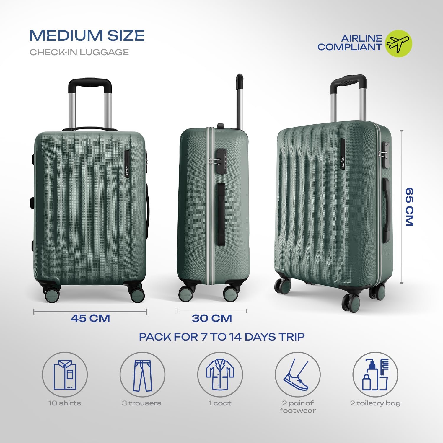 Safari Medium Ray Neo 8 Wheels 65cm size Check-in Trolley Bag, Hard Case Polycarbonate 360 Degree Wheeling Luggage for Men & Women, Travel Bag, Suitcase for Travel, Trolley Bags for Travel, Sage Green - Image 7