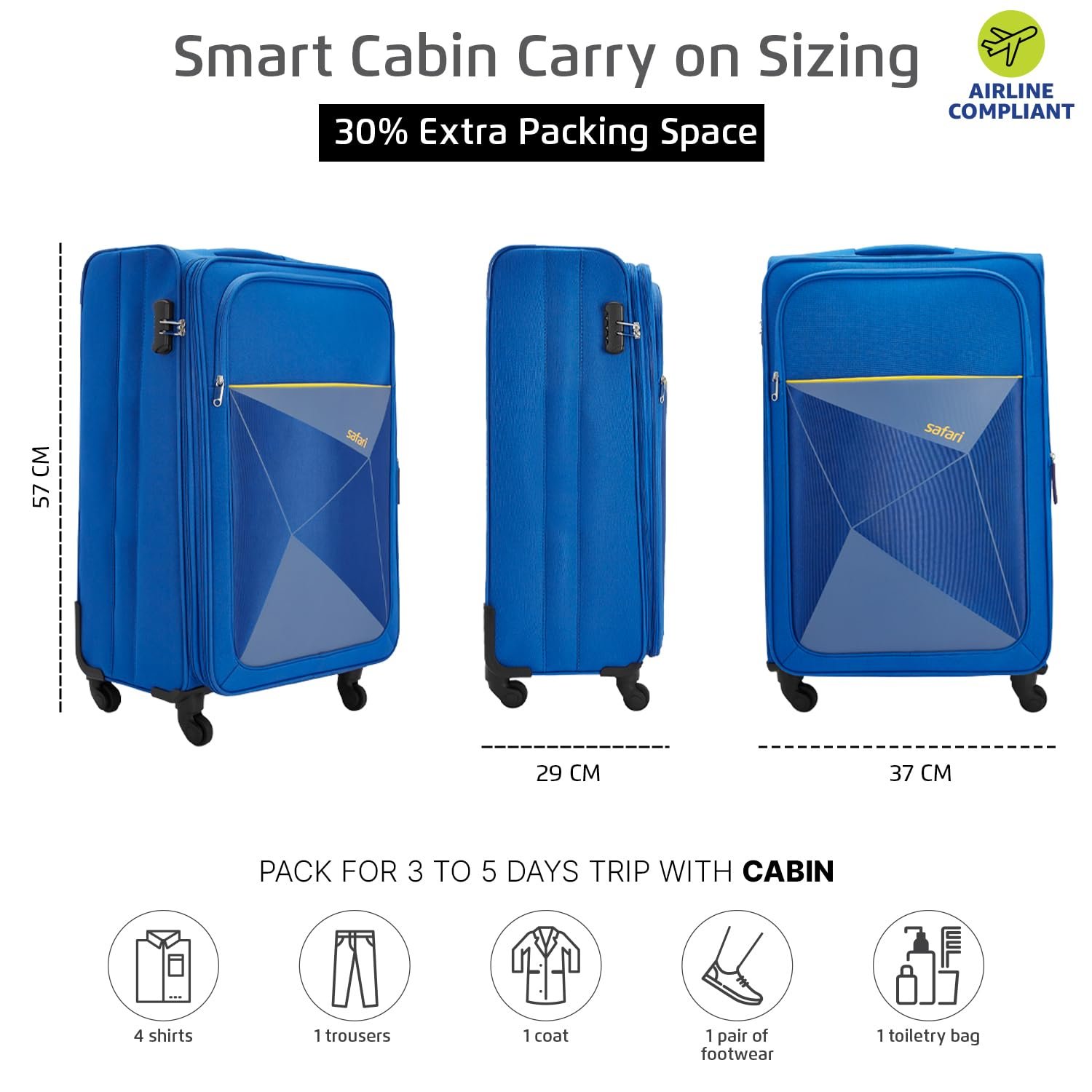 Safari Prisma 55 Cms Polyester Blue Cabin 4 wheels Soft Suitcase - Image 8