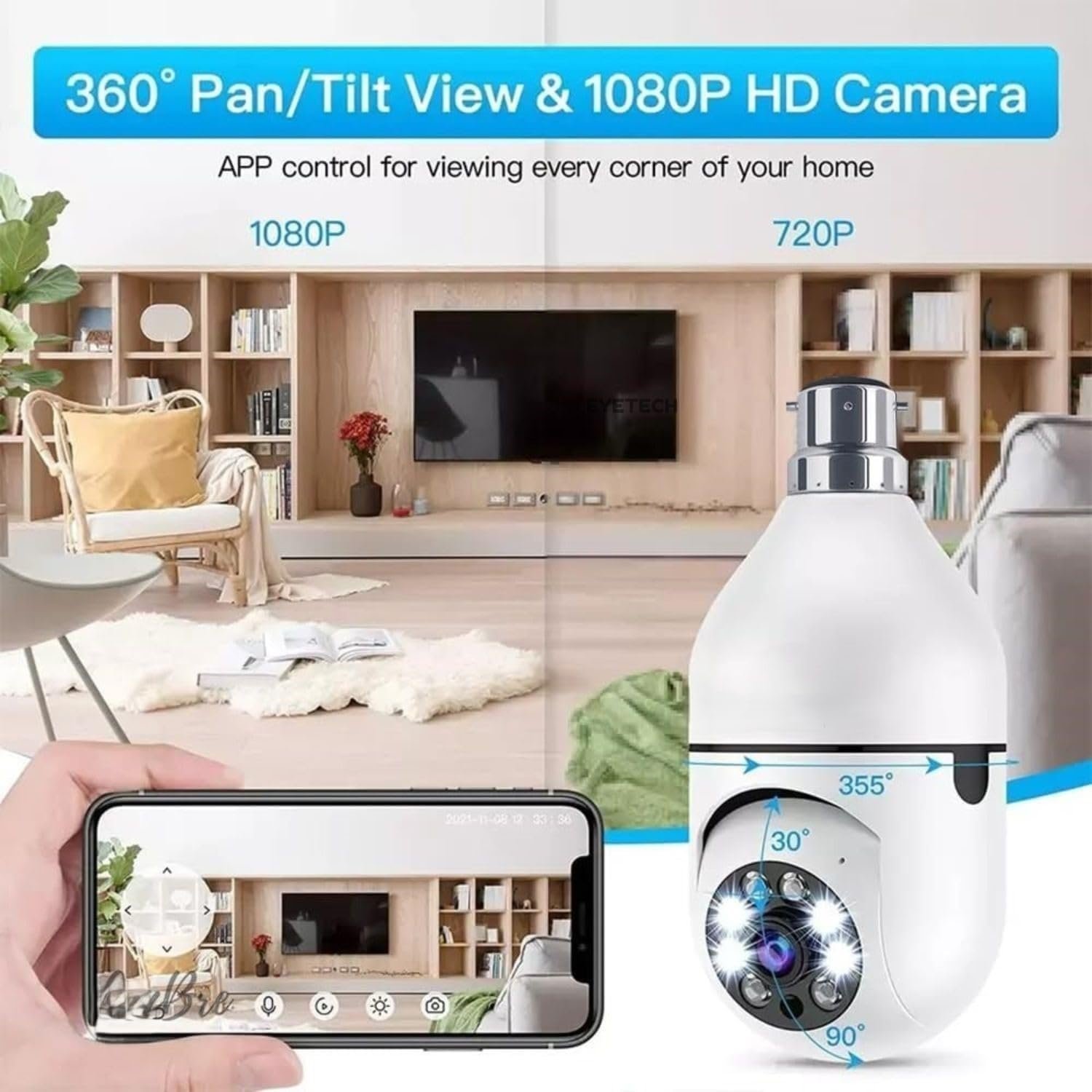 TP PLUS 3MP Full HD Smart Wi-Fi CCTV Home Security Camera 360° with Pan Tilt Bulb Camera View & Talk 128GB SD Card Support (Not Included) Perfect for Home Office Monitoring (Light Camera) - Image 5