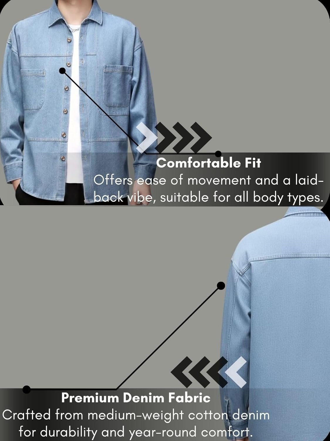 GRECIILOOKS Men’s Casual Denim Shirt's | Full Sleeve Regular Fit Jeans Shirt | Stylish Blue Denim Shirts for Men | Versatile for Everyday Wear - Image 4
