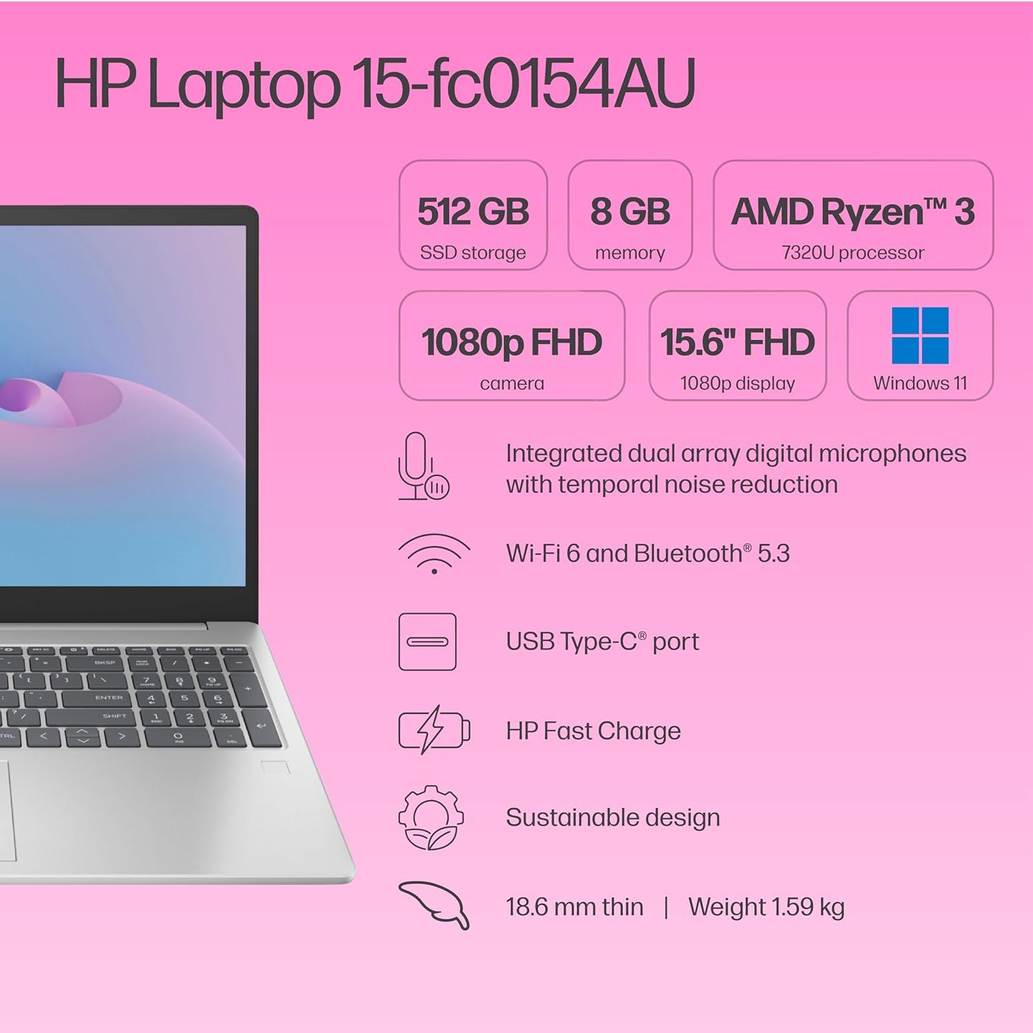 HP 15, AMD Ryzen 3 7320U (8GB LPDDR5, 512GB SSD) FHD, Anti-Glare, Micro-Edge, 15.6"/39.6cm, Win 11, Office 21, Silver, 1.59kg, fc0154AU, AMD Radeon Graphics, 1080p FHD Camera Laptop - Image 11