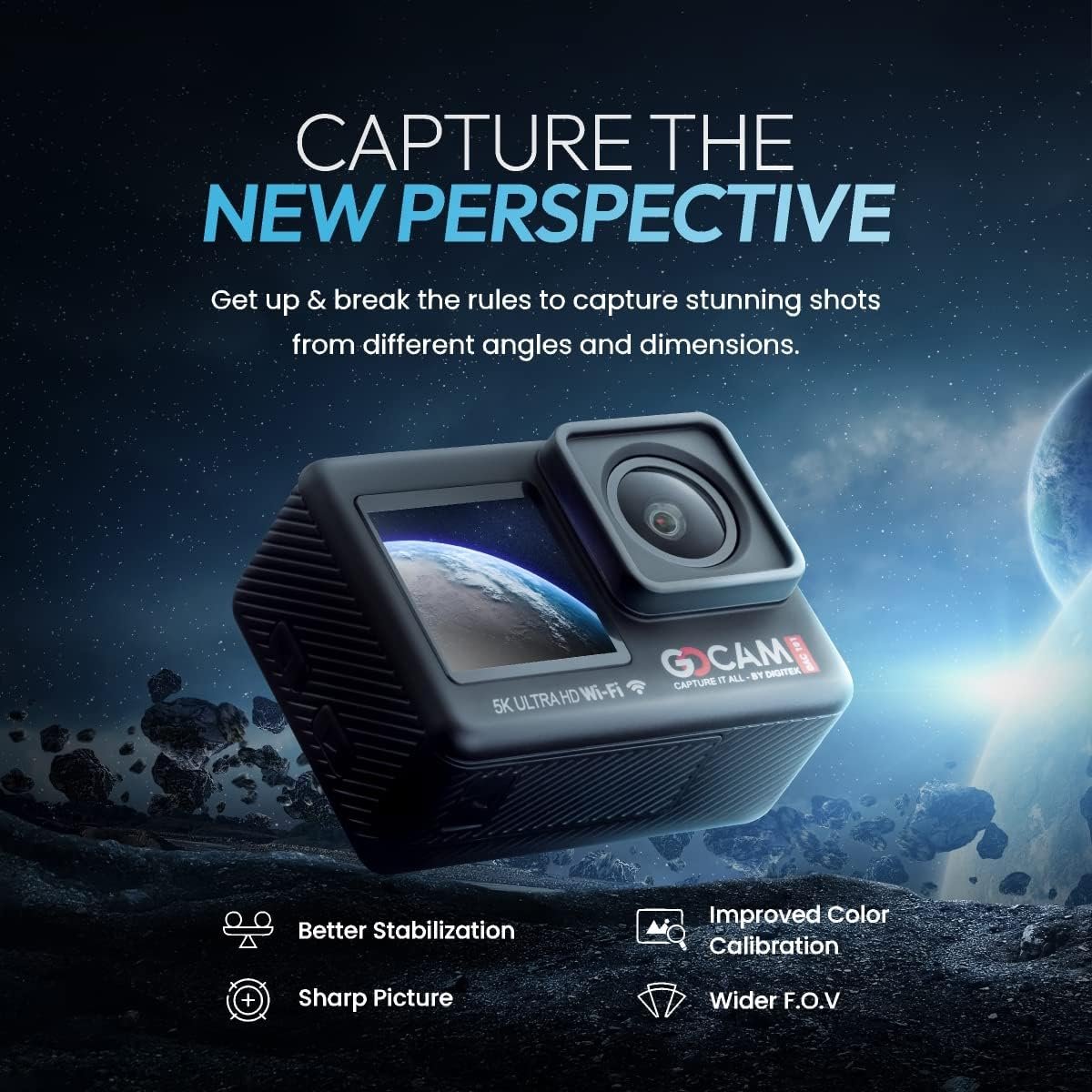 Digitek GoCAM DAC-101 5K 30FPS 48MP WiFi Action Camera with Dual Touch Screen, 150° Wide Angle, 6-Axis EIS, External MIC, Waterproof Case, 2×1350mAh Batteries & Accessories Kit (Black). - Image 2