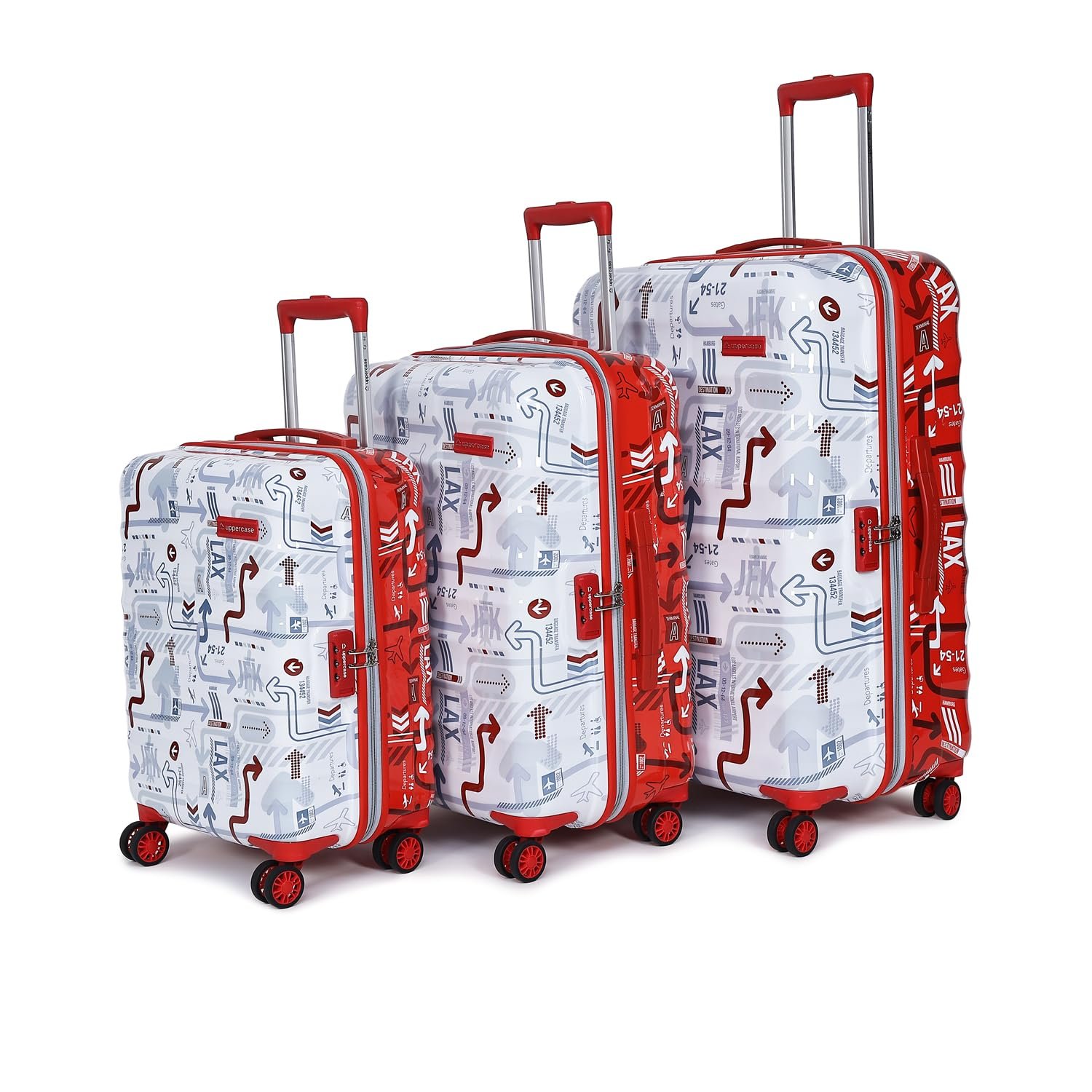 uppercase Polyester Jfk Duo Inline Trolley Bag Set Of 3 (Small,Medium,Large)|Hardshellsided Cabin&Check-In Luggage|Combination Lock|Sustainable 8 Wheel Inline Trolley Bag||(White&Red),H-75.5 cms