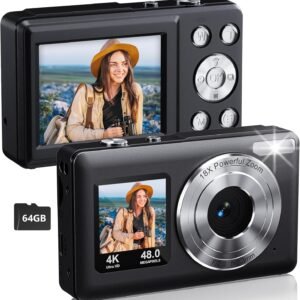DIVINE Digital Camera 4K 48MP Kids Camera, Dual Screen & Autofocus Point and Shoot Digital Cameras with 64GB SD Card, 16X Zoom, Built-in Batteries (DDC-75)