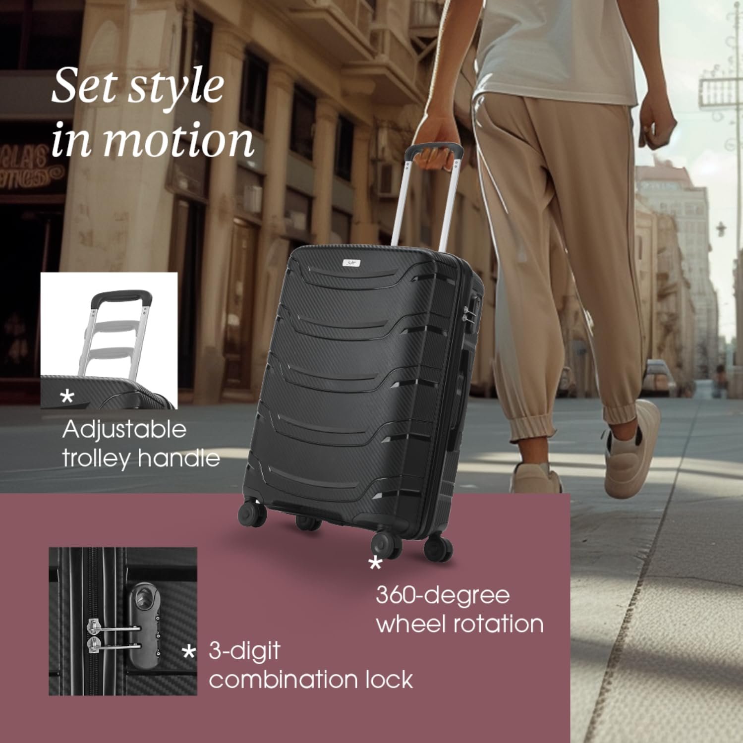 Skybags Medium Curve Size Hard Spinner Luggage (66 Cm)|Polypropylene Spinner Luggage Trolley with 8 Wheels| Black|Unisex - Image 4