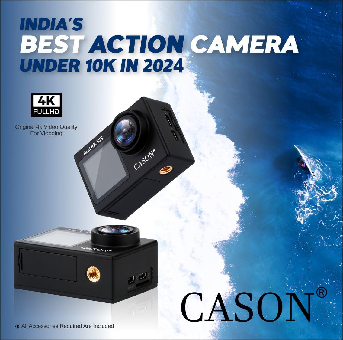 CASON CS6 5k 30Fps Action Camera, 4K Helmet Camera for Bike (Typc C) with EIS+Gyro,Anti Shake for Bike Helmet Camera, Touch Screen, 2 x 1350 mAh Battery and Many Extra Accessories (Black) - Image 3
