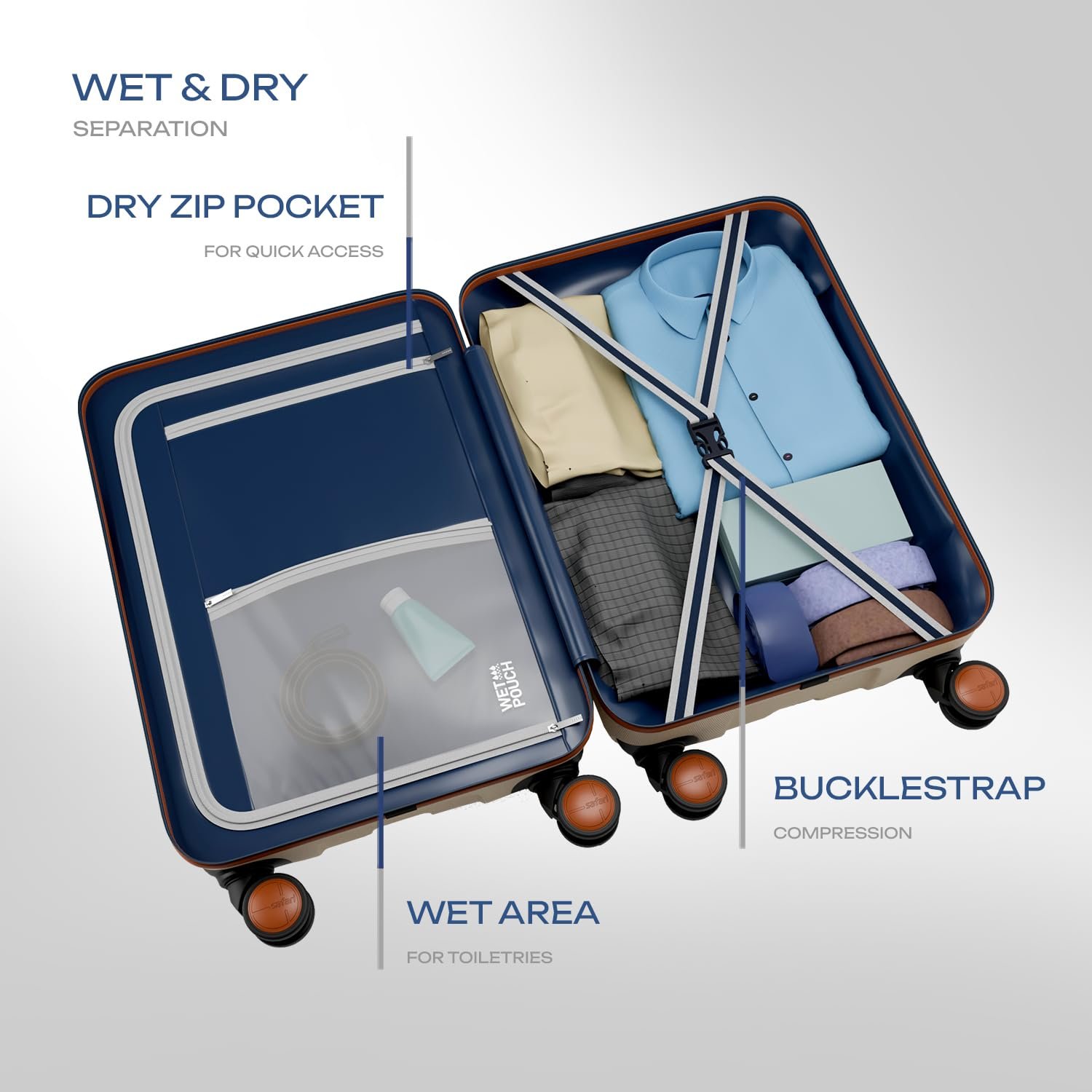 Safari Thorium Royale 8 Wheels 66cm Medium Size Trolley Bag Hard Case Checkin Polycarbonate Luggage, TSA Lock, Wet Pouch Organized Interior, Suitcase for Travel, Trolley Bags for Travel, Vanilla Tan - Image 4