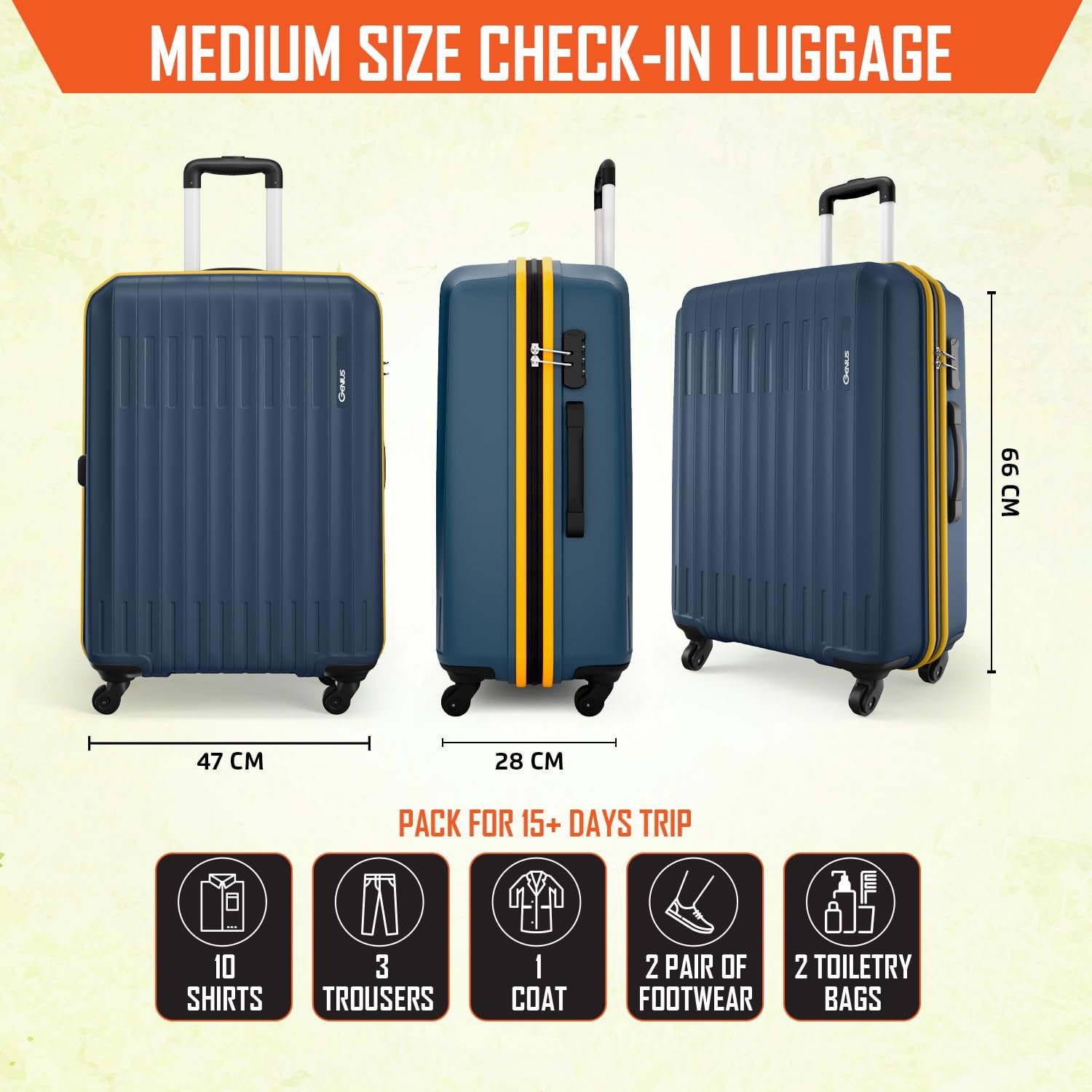 Safari Genius Alley 66cm Medium Size Check-in Trolley Bag Hard Case Polypropylene, 4 Spinner Wheels, 360 Degree Wheeling Luggage, Travel Bag, Suitcase for Travel, Trolley Bags for Travel, Navy - Image 7