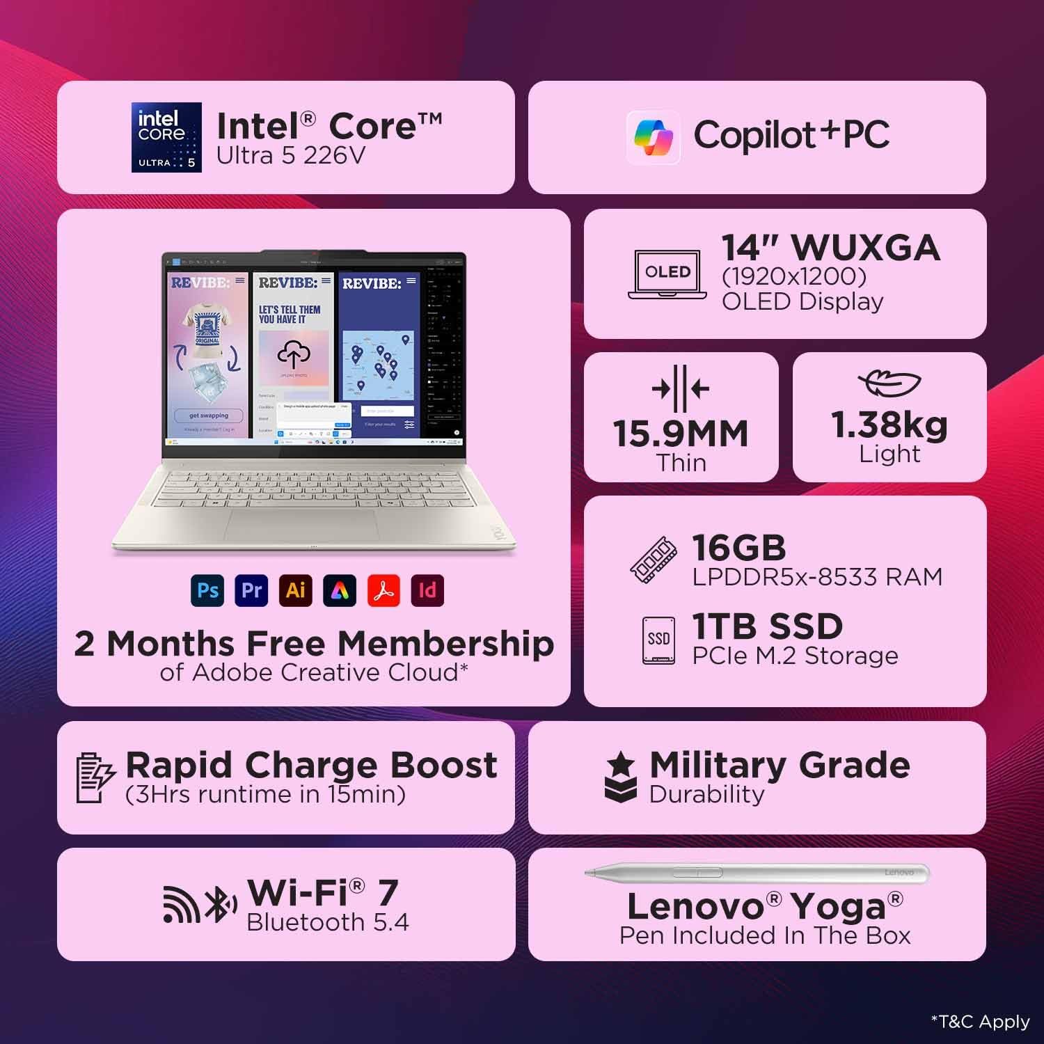 Lenovo Yoga 7 2-in-1 Intel Core Ultra 5 226V,Copilot+ AI PC(16GB RAM/1TB SSD/14(35.5cm)/WUXGA OLED/40 Tops/Win 11/Office Home 2024/Yoga Pen/1Yr ADP/Seashell/1.38Kg), 83JQ003YIN Convertible Laptop - Image 2