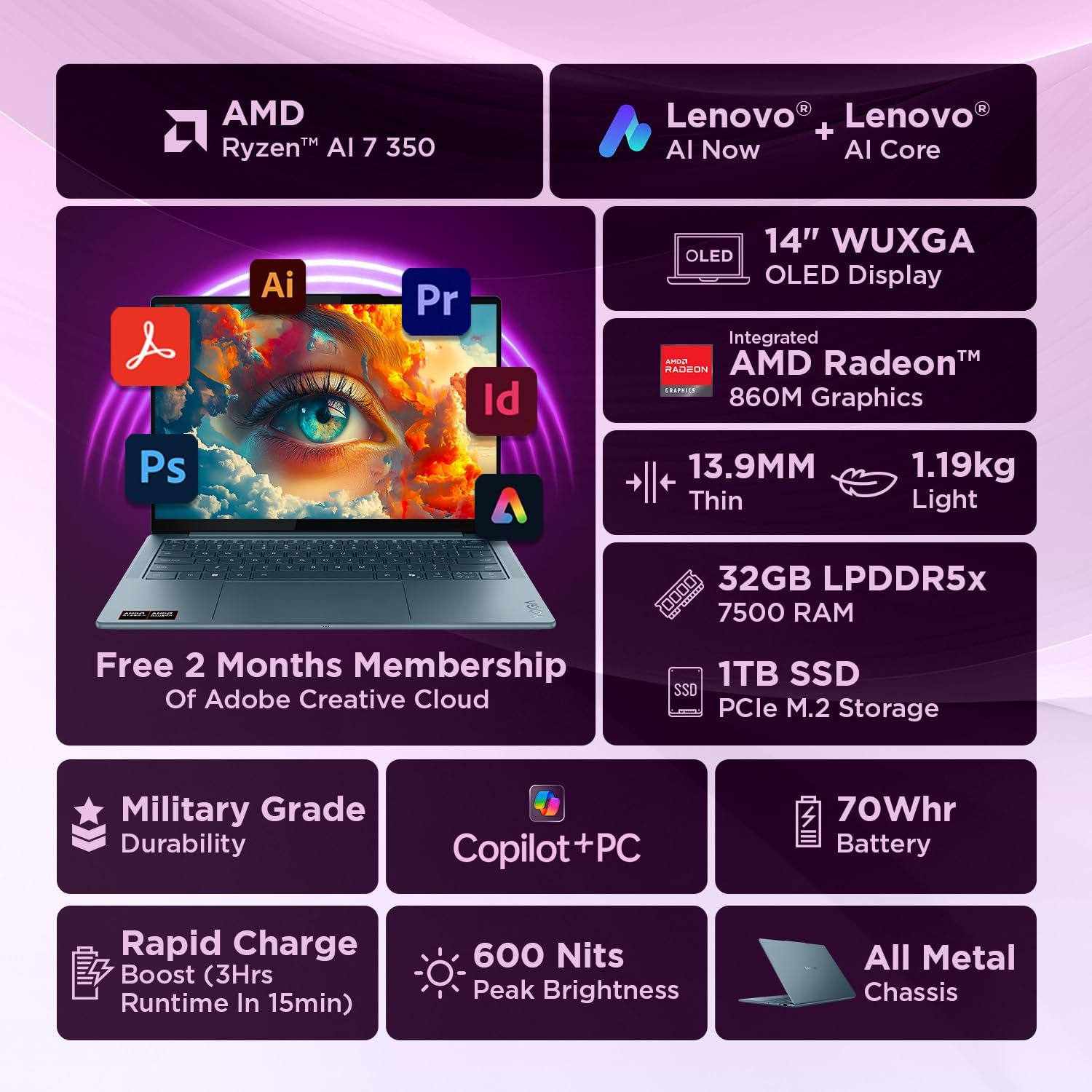 Lenovo Yoga Slim 7 AMD Ryzen AINow 7 350, 83JY005YIN AI Laptop, Copilot+ 32GB RAM/1TB SSD/14"(35.5cm)WUXGA OLED/50 TOPS/Windows 11, Office Home 2024, Backlit Keyboard, 1Yr ADP Free, Teal, 1.19Kg - Image 2