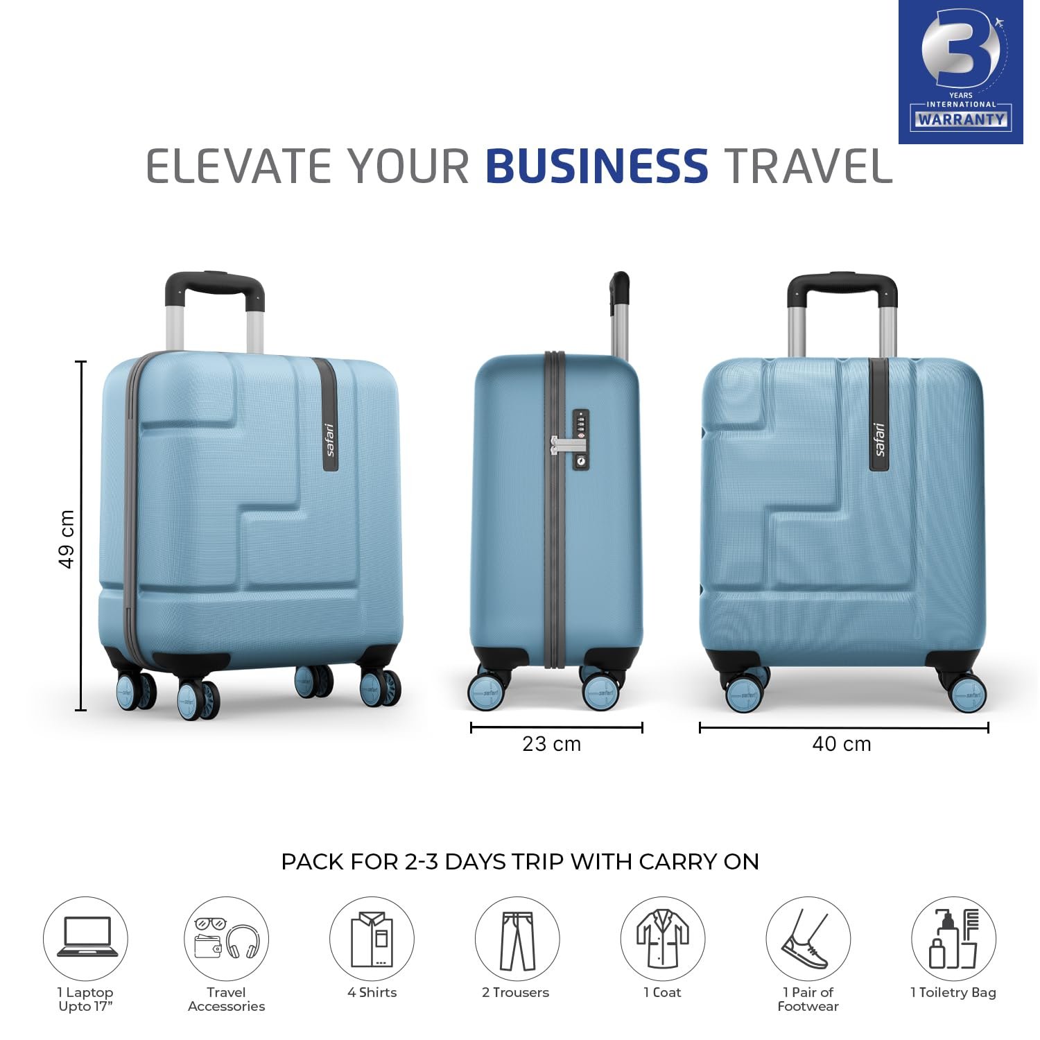 Safari Aviator 50 cm Cabin Overnighter Laptop Trolley Bag, Hard Case Polycarbonate, TSA Lock, 8 Wheels 360 Degree Wheeling Carry on Luggage, Suitcase for Travel, Trolley Bags for Travel, Pearl Blue - Image 5